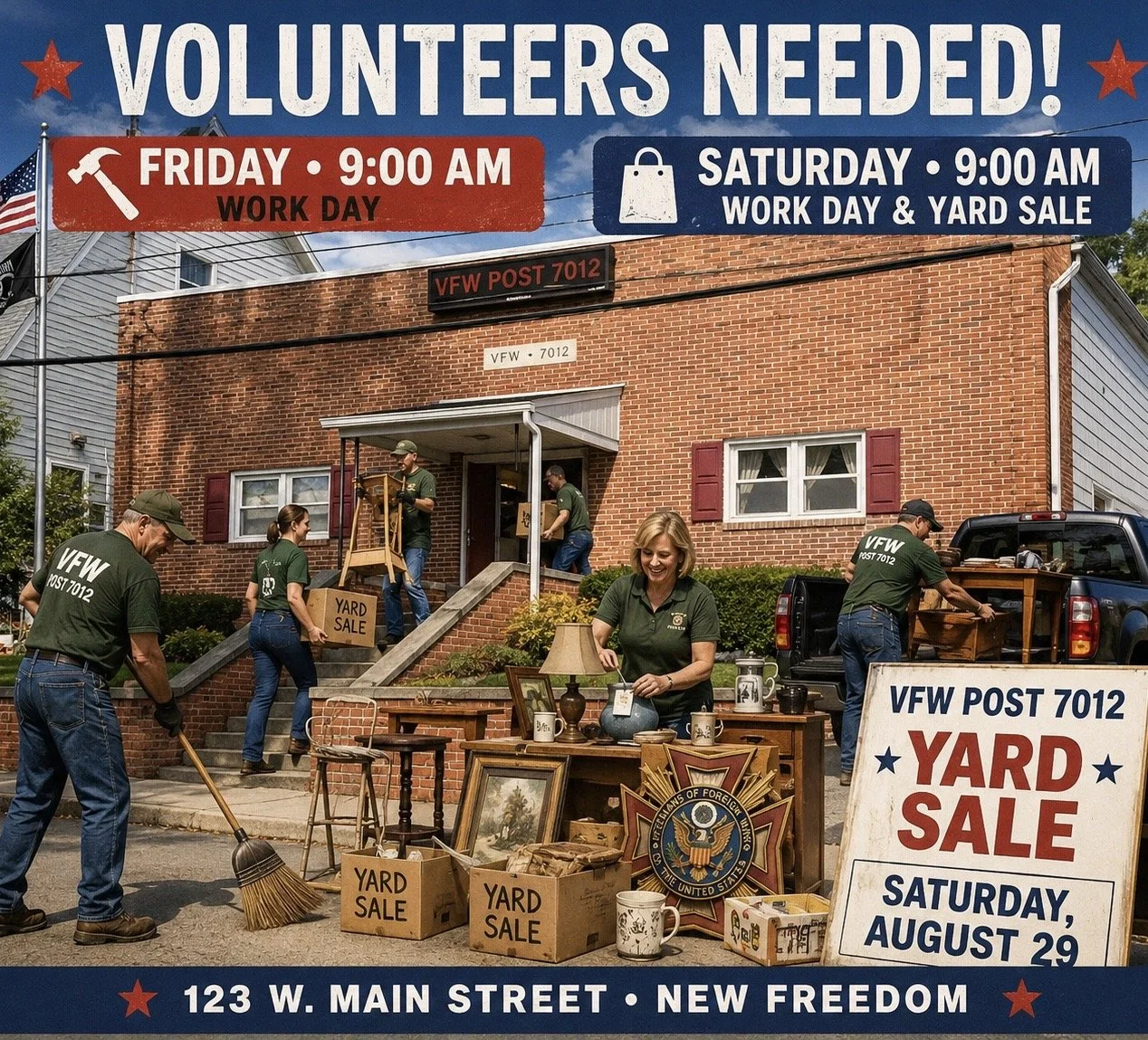       
  
    🧹  VOLUNTEERS NEEDED:   We’re looking for  volunteers  to help clean out our former home at  123 W. Main Street  and prepare the remaining contents for a  yard sale on Saturday .  🔨  FRIDAY WORK DAY • 9:00 AM  We’ll be cleaning out th