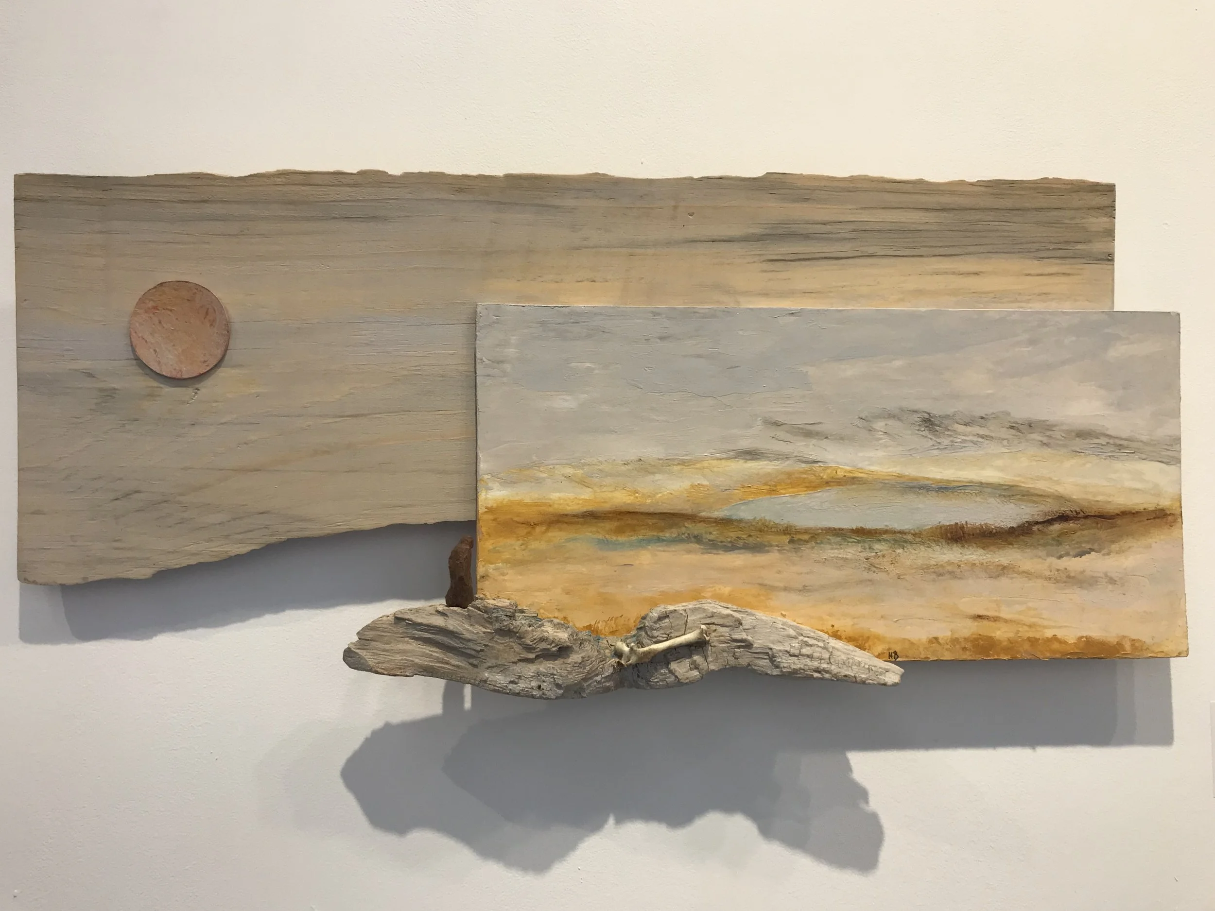 Above the Lake, 9 X 17 x 2 inches, wood, masonite panel, paper, wood, bone