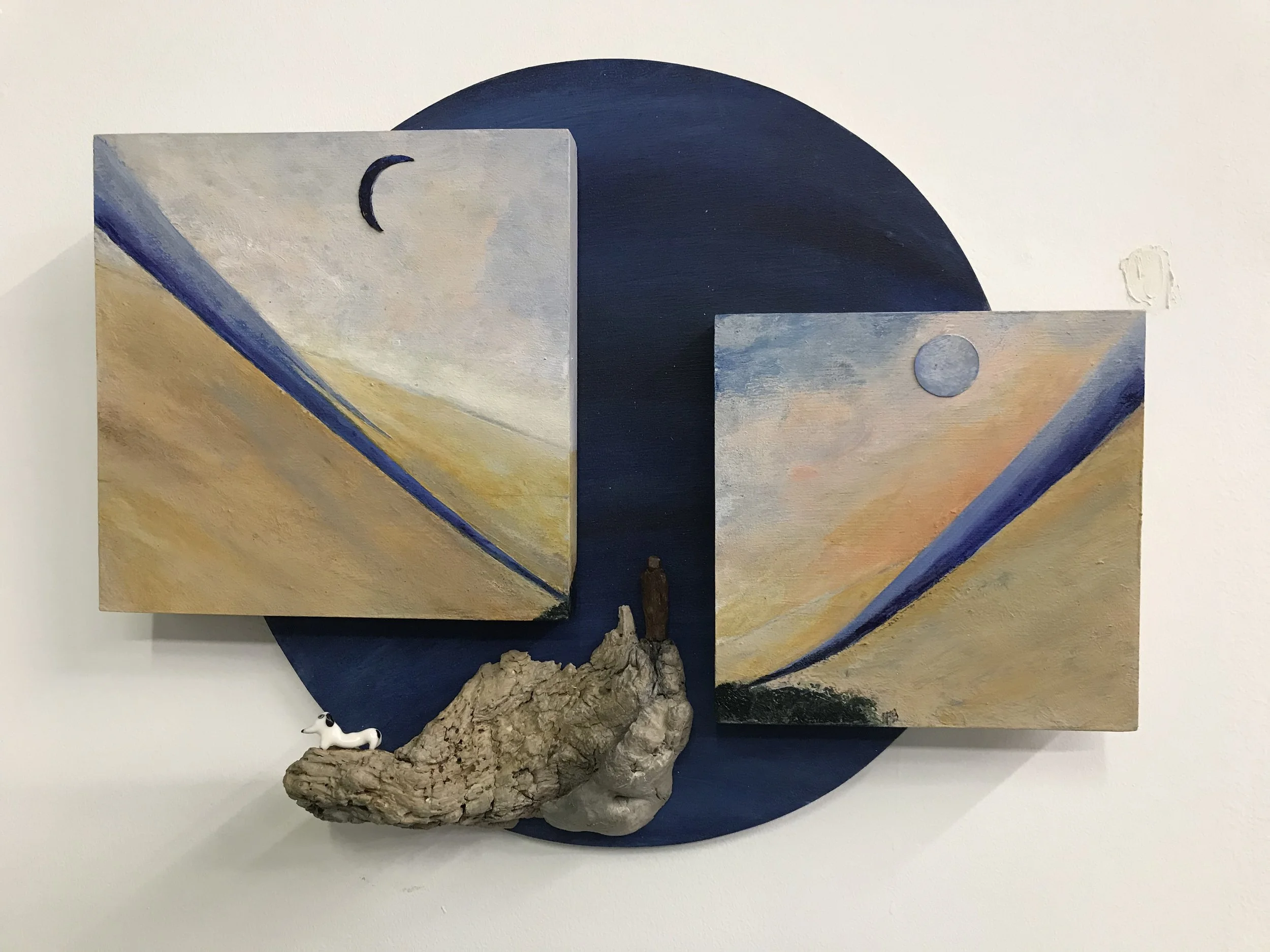Stillness of Space: Keeping Track, 10 x 13 x 2 inches, acrylic, paper, wood panels, plywood, porcelain dog by Elenor Bostrom