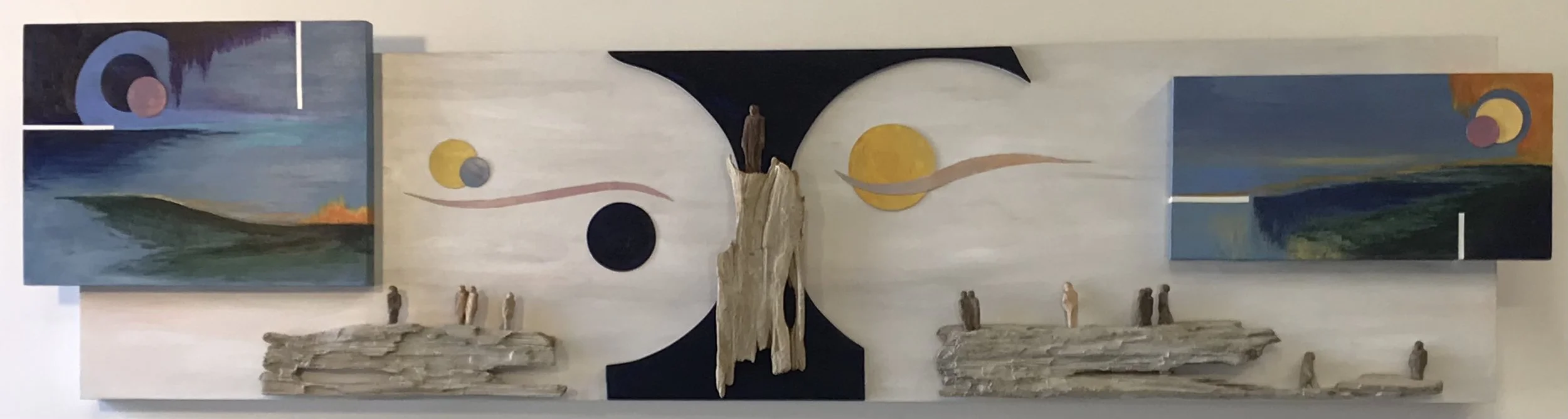 Stillness of Space: Looking for Some Answers, 13 x 54 x 3 inches, acrylic, wood, wood panels, plywood, paper