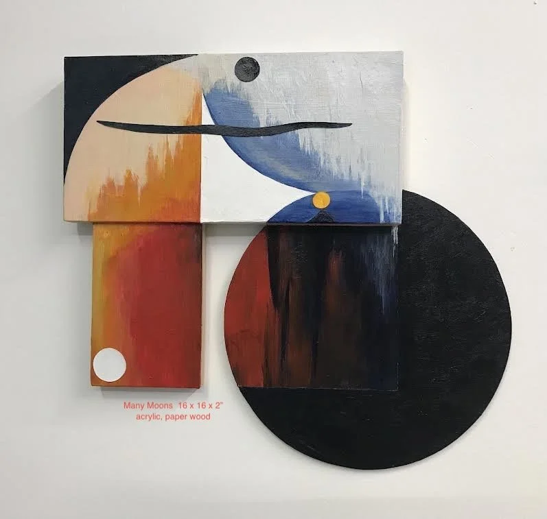 Many Moons Out There, 15 x 16 x 2 inches, acrylic, wood panels, plywood, paper, wood, porcelain dog by Elenor Bostrom