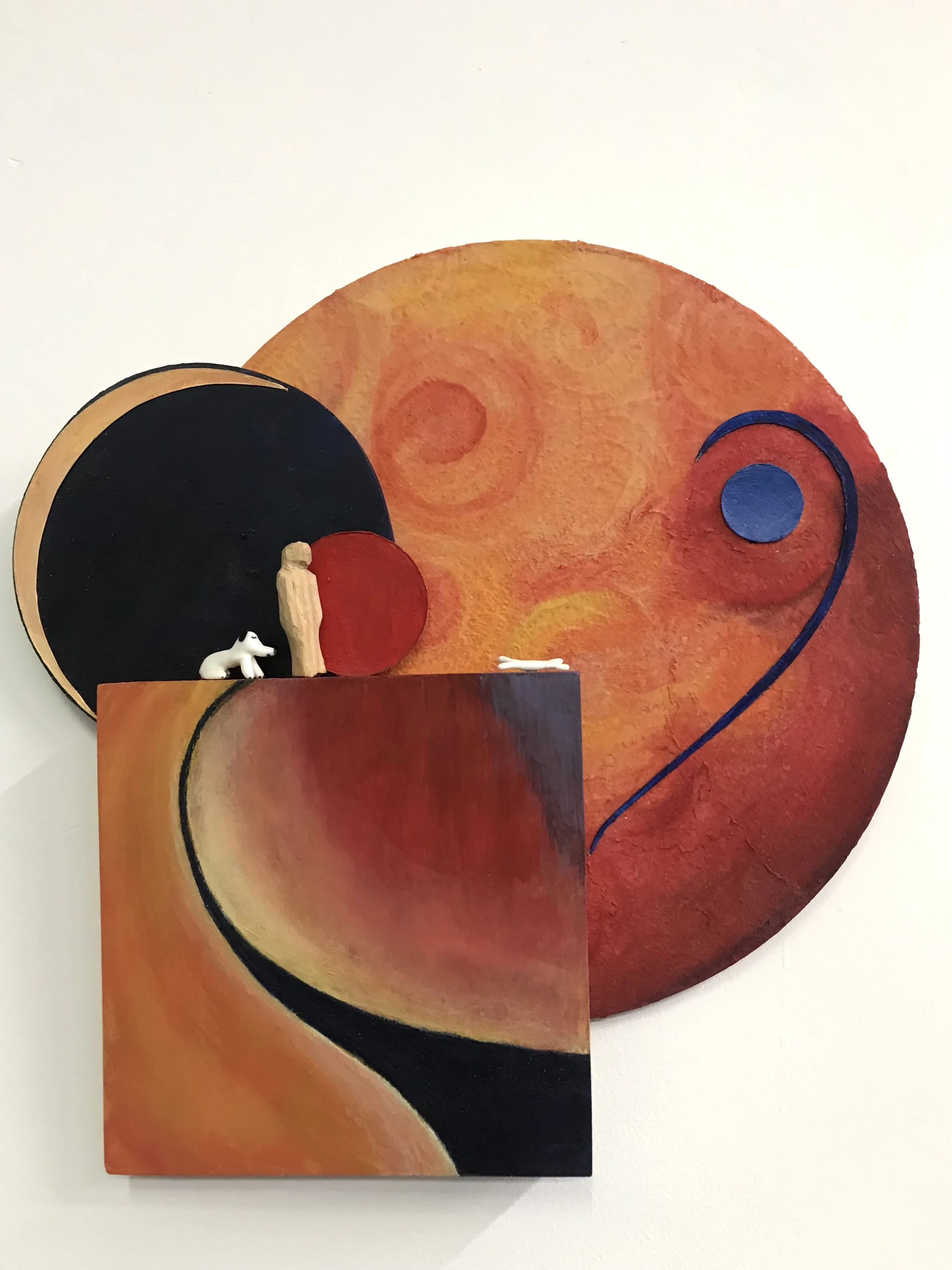 Stillness of Space: Dog Walking, uh oh, 12 x 12 x 2, acrylic, paper, wood, plywood, porcelain dog and bone by Elenor Bostrom. 