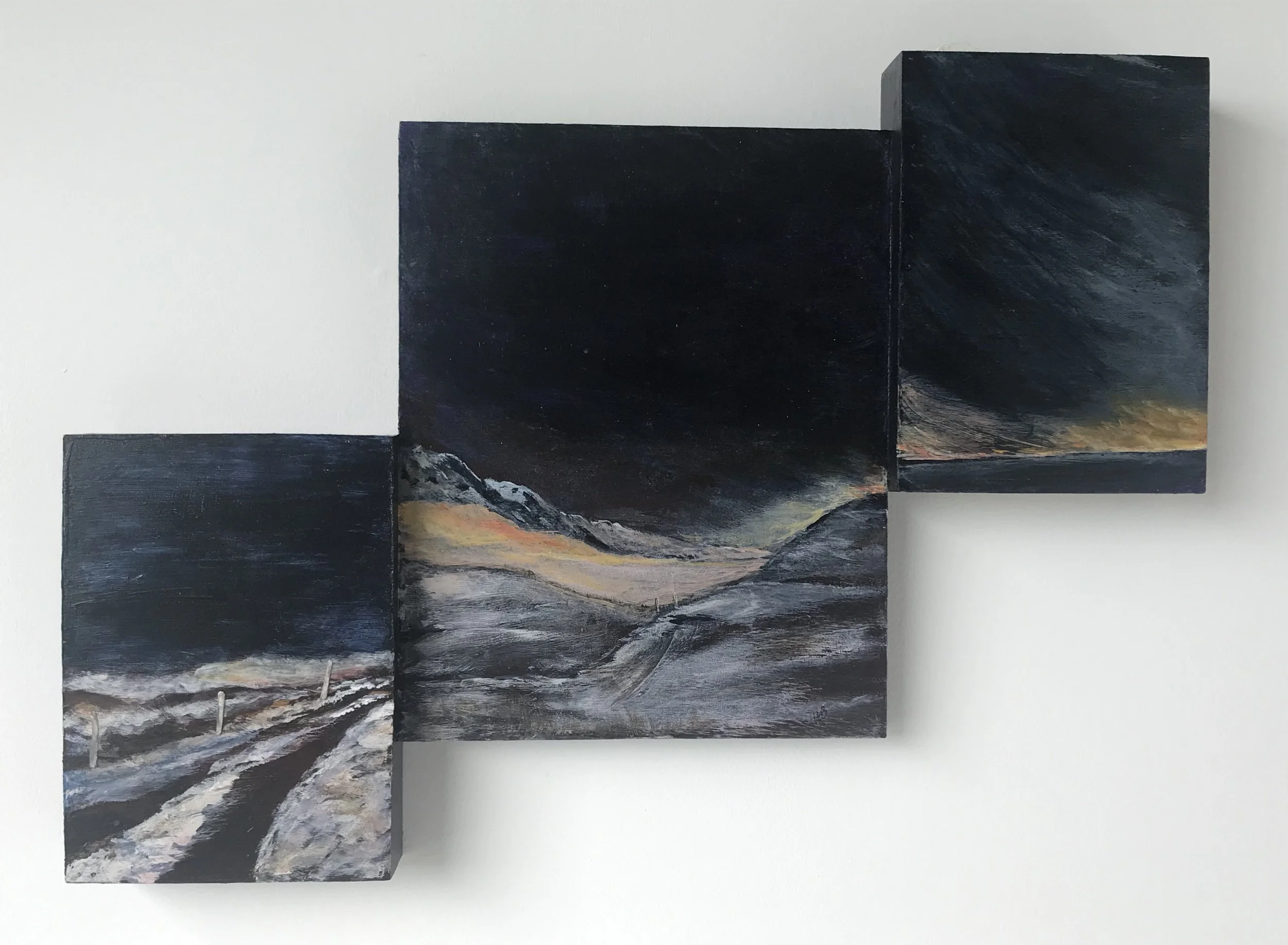 Hidden Valley: Winter Morning Light, 13 x 18 x 2 inches, acrylic, wood panels, paper