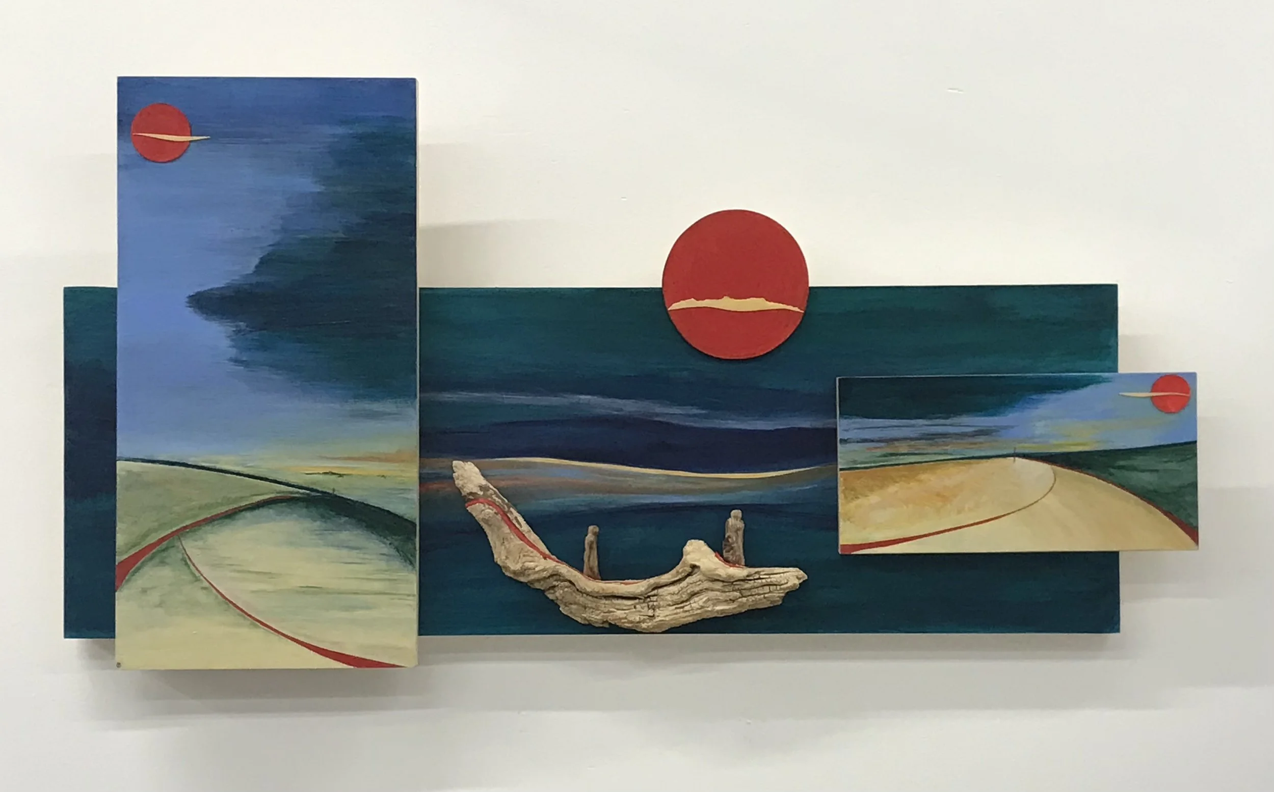 Stillness of Space: Finding Ways Through, 20 x 38 x 3 inches, acrylic, wood, wood panels, paper, plywood