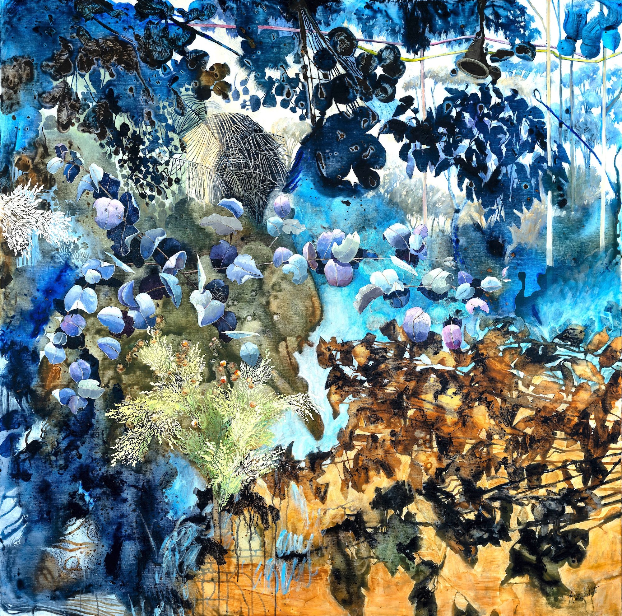 Emerald Eucalypt and the Floating Bush
Acrylic on Linen
153 x 153cm
$16,000