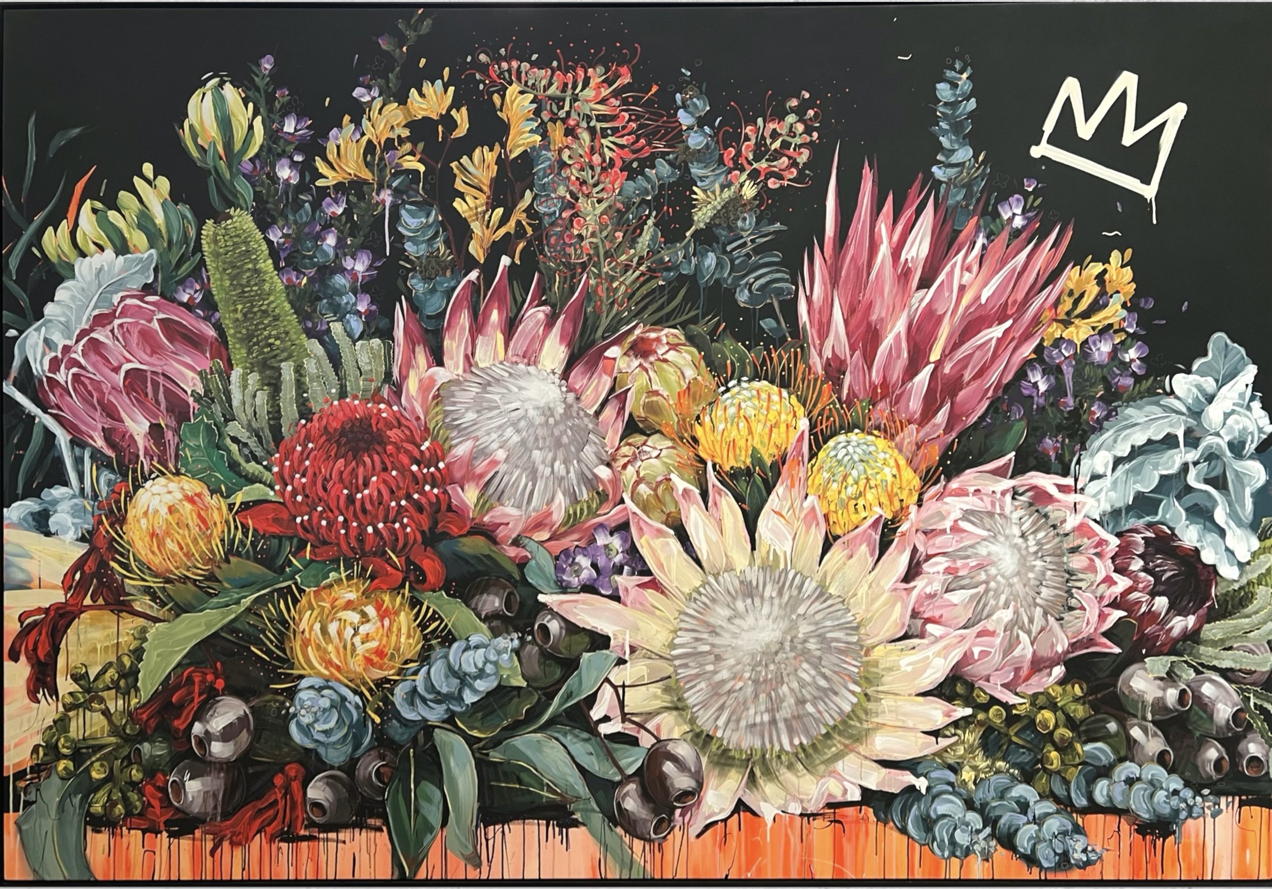 Poco Negro XV
Framed in black 
Spray paint, acrylic, enamel and oil pastel on canvas
161cm x 233cm 
$19,200