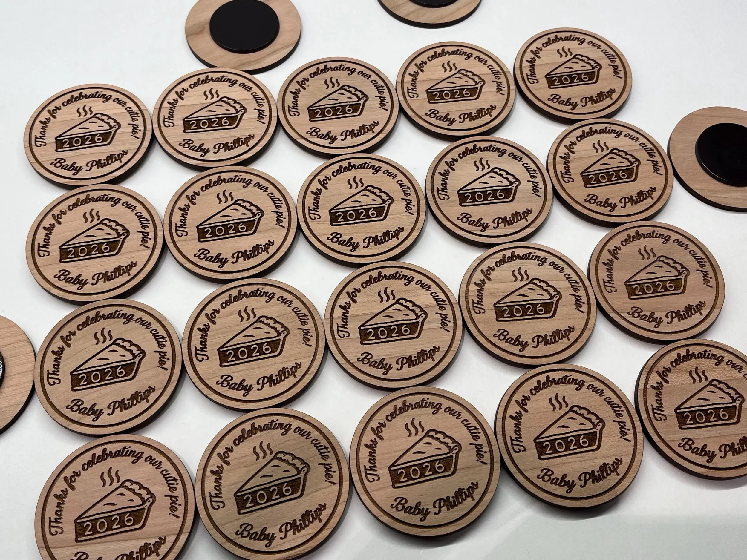 Bulk engraved wood magnets with custom circular business logo