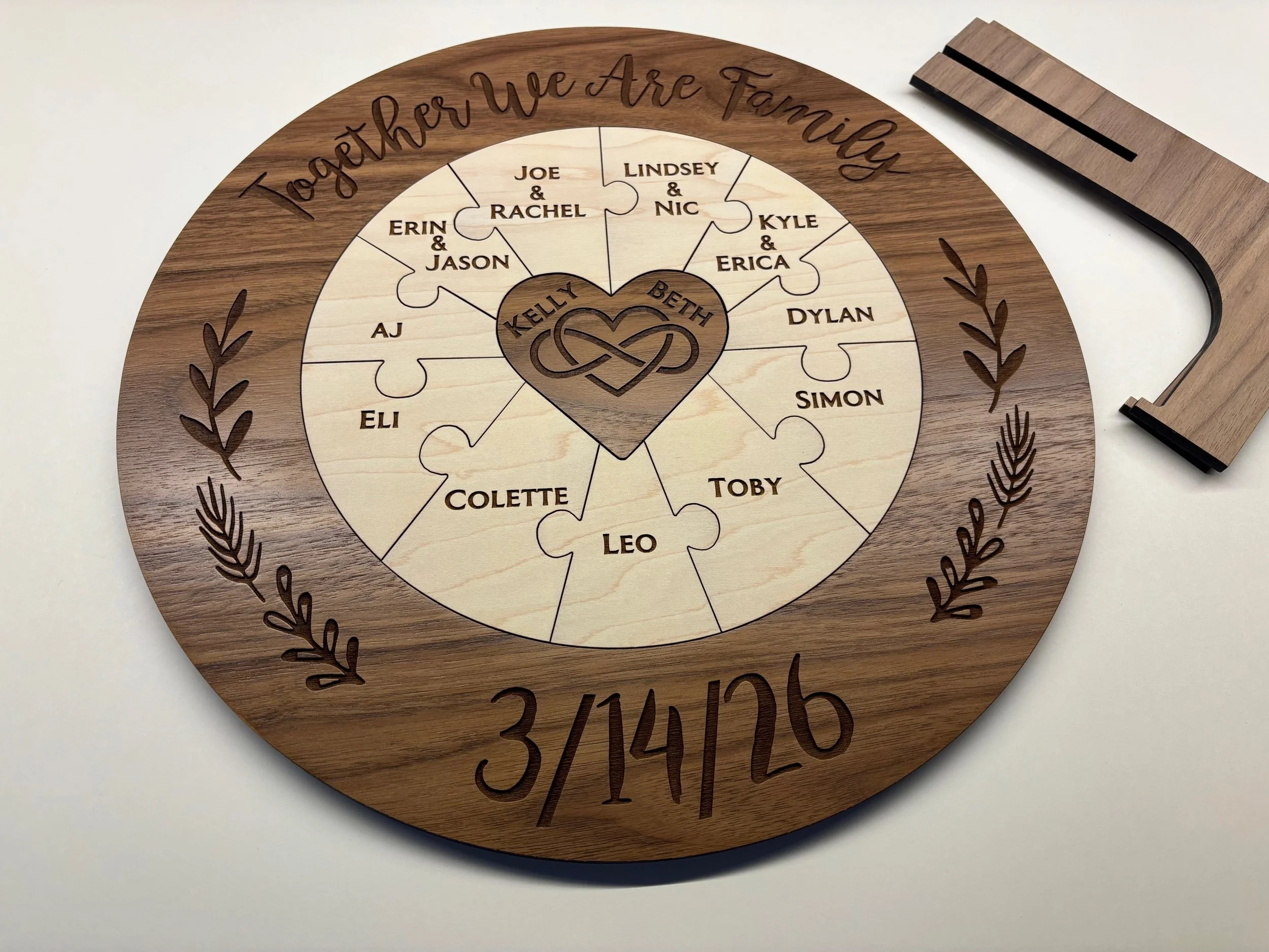 Engraved wooden unity puzzle for blended family wedding ceremony, custom circle puzzle with names and meaningful design