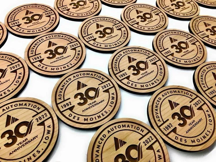 Custom engraved wood coasters personalized with business logos