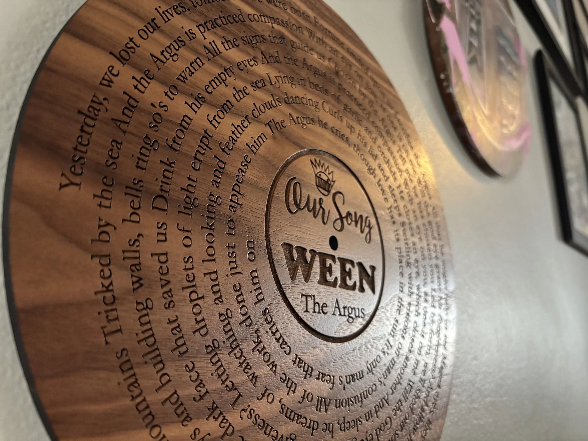Custom wooden vinyl record with engraved song lyrics wall art