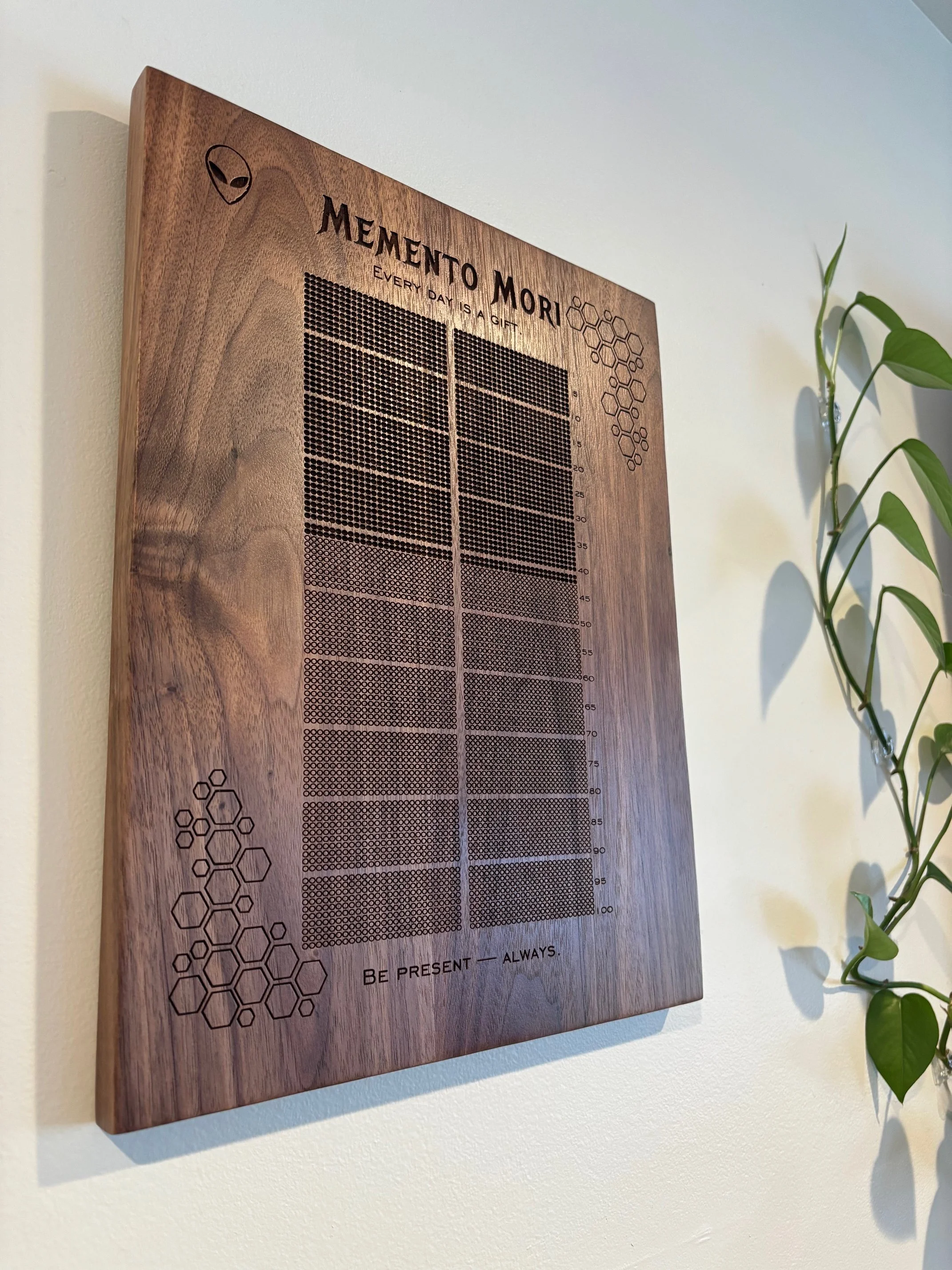 Wooden life calendar wall art with engraved week grid, stoic reminder decor for reflecting on time and personal growth
