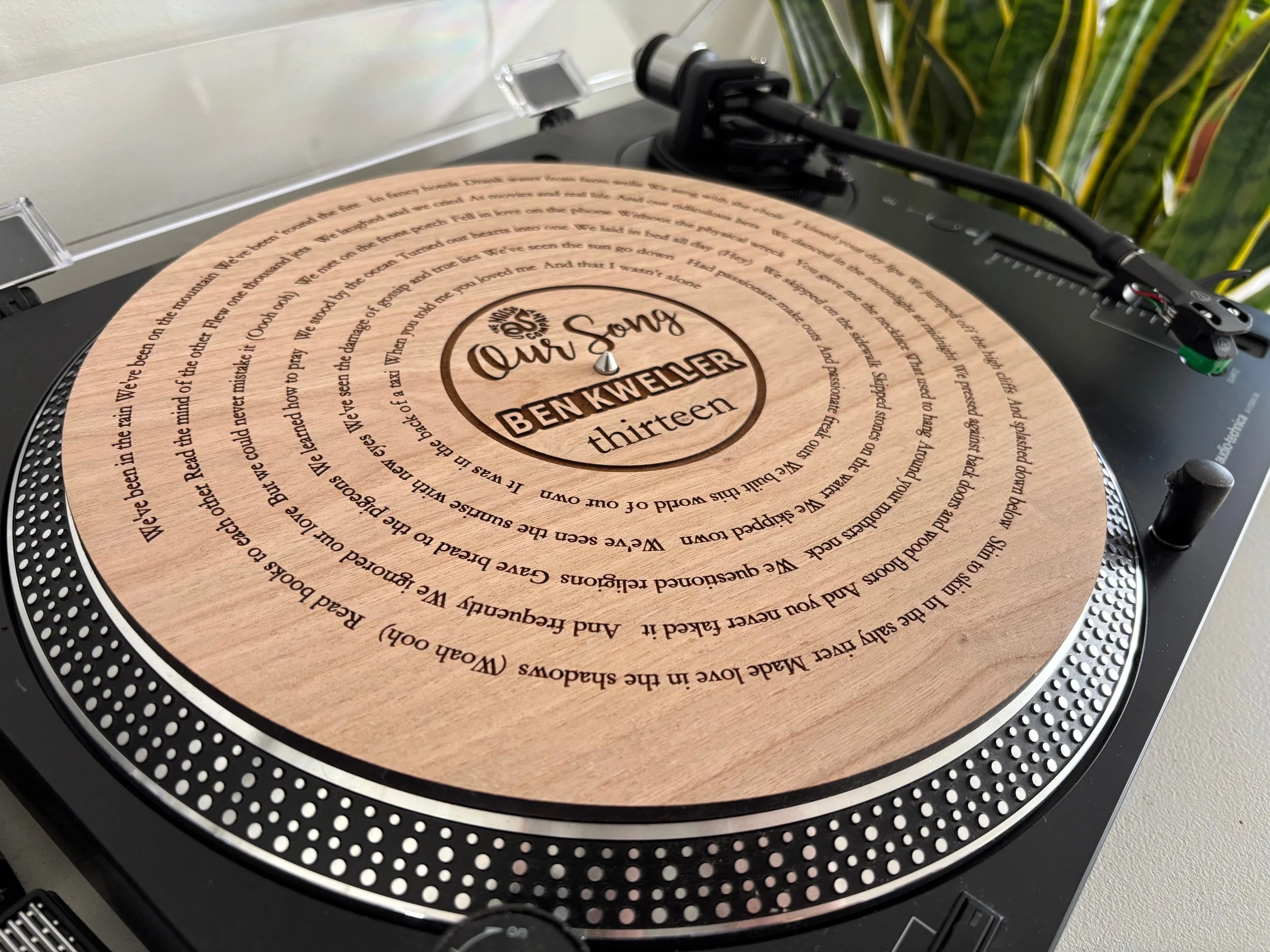 Close view of engraved hardwood vinyl record texture detail