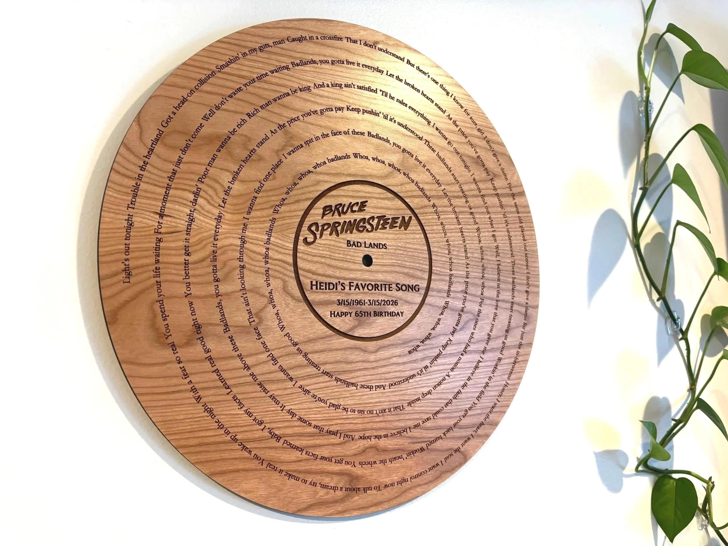 Custom wooden song lyrics plaque engraved in vinyl record style, personalized wedding or anniversary gift with couple’s song lyrics on rustic wood wall art