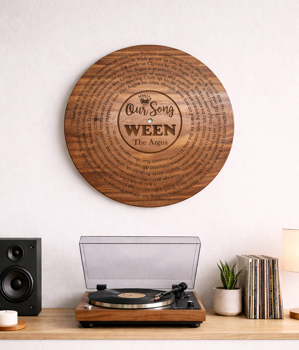 Custom wood vinyl record with song lyrics and song title