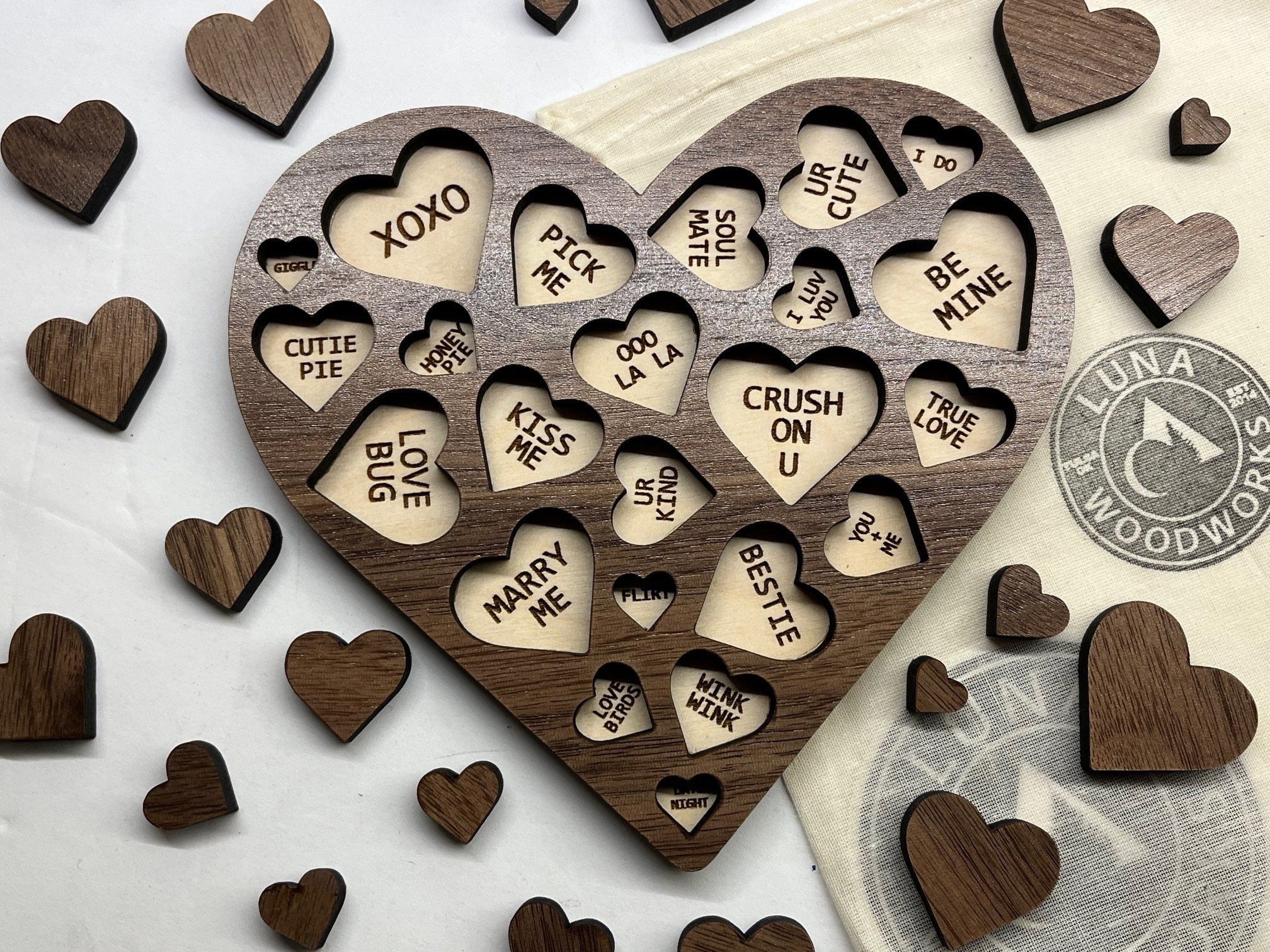 Custom made Valentines Day puzzle with personalized message love note on back. This wood card makes the perfect romantic gift.