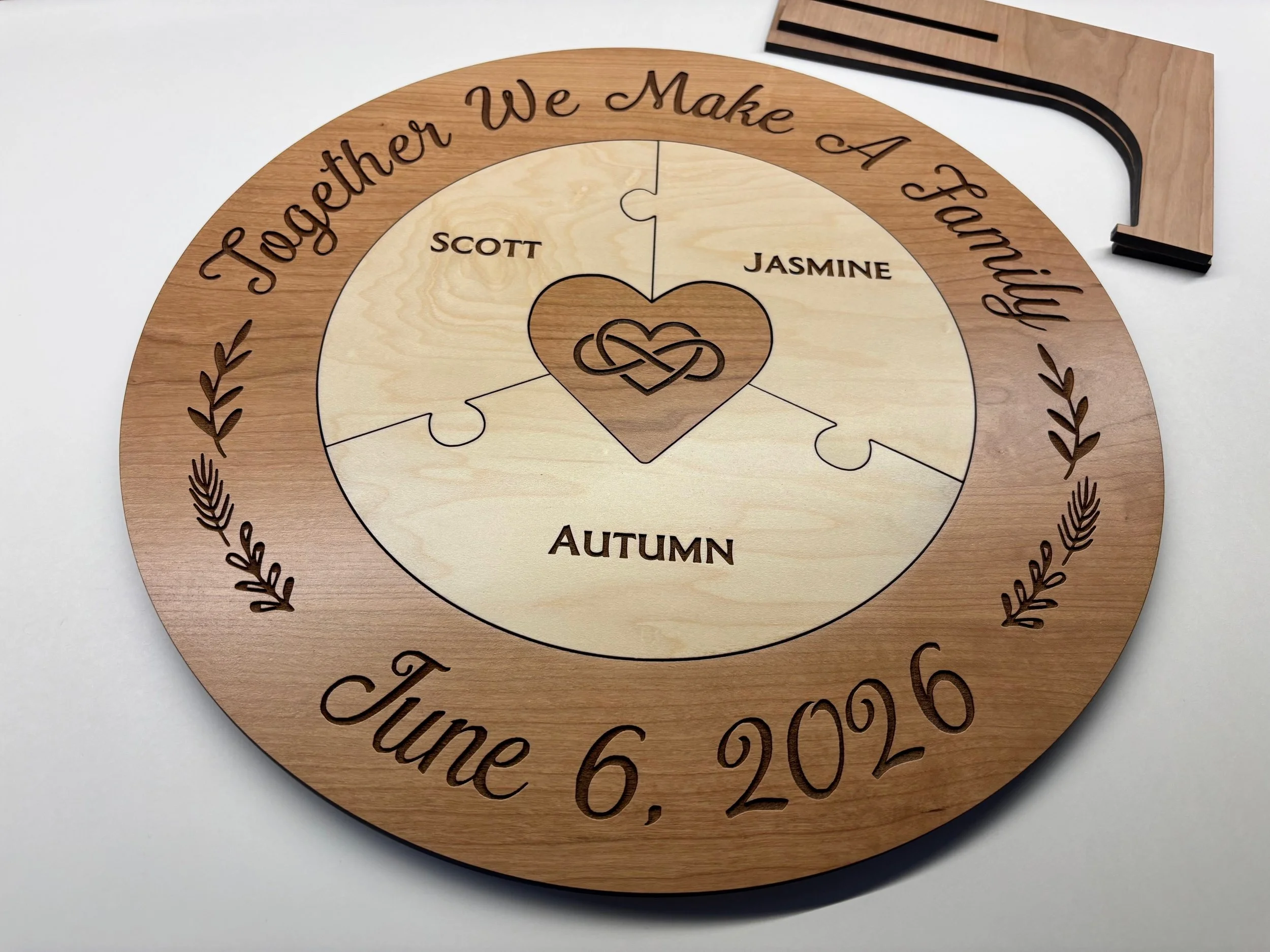 Custom circle unity puzzle engraved for wedding ceremony, personalized wood puzzle for blended families with names on each piece