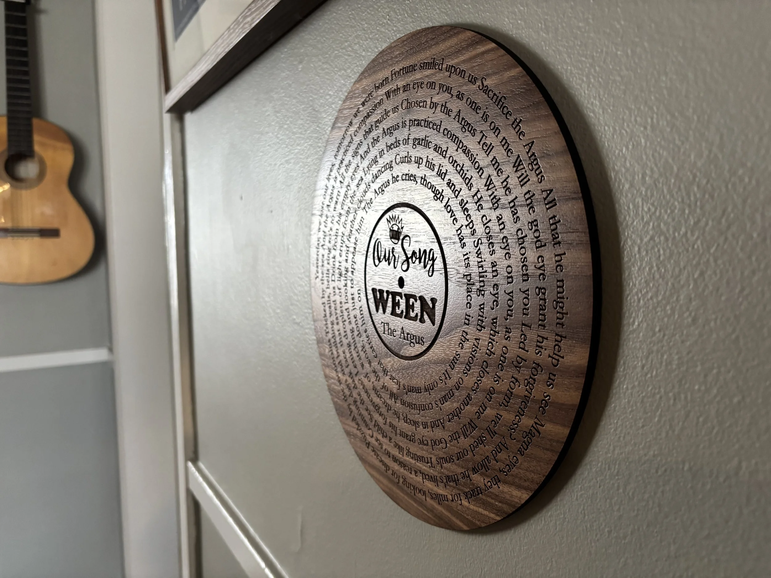 Wooden vinyl record wall art with personalized song lyrics