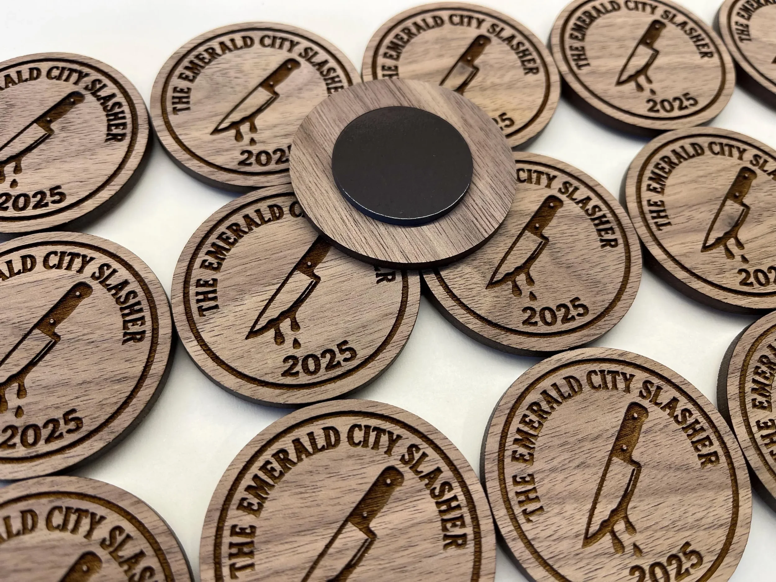 Round custom engraved business logo magnets made from wood