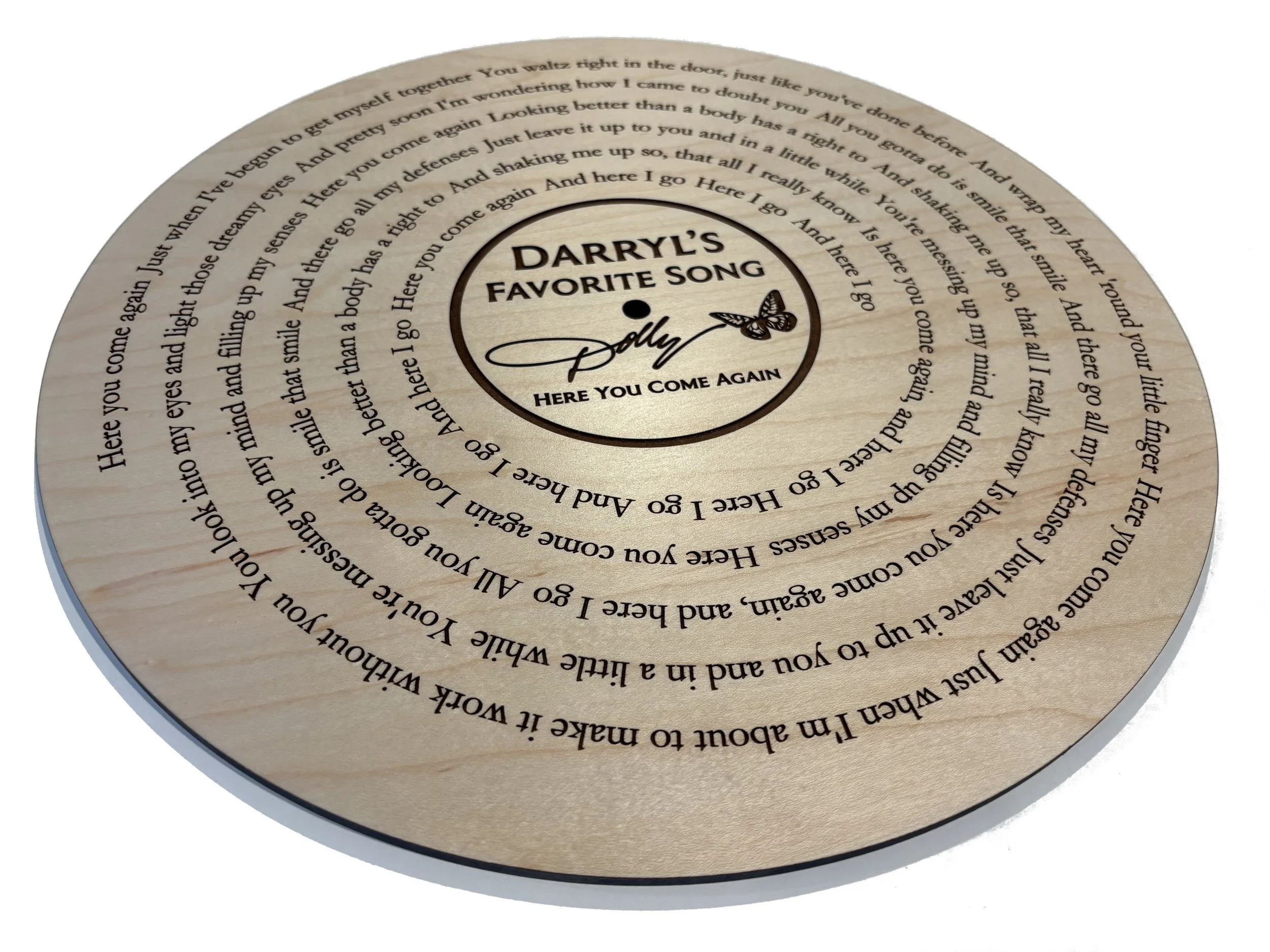 Personalized wood record plaque with couple song lyrics engraved