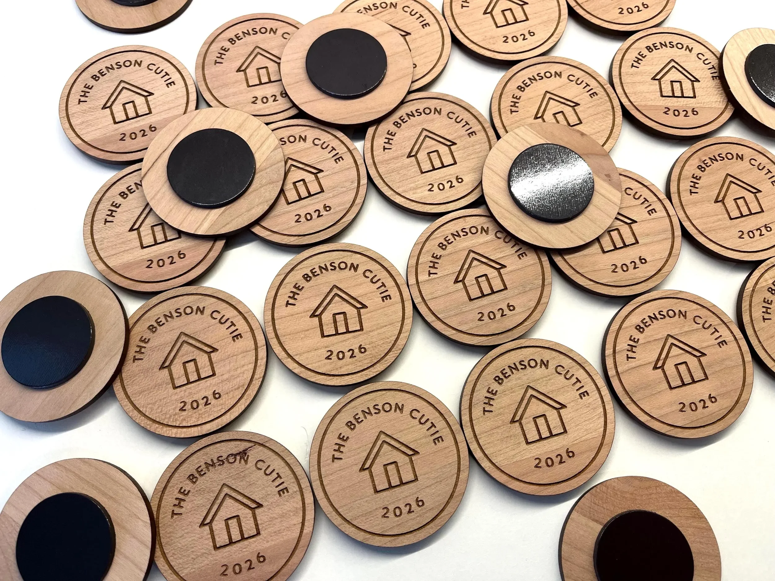 Custom engraved wood magnets personalized with business logo