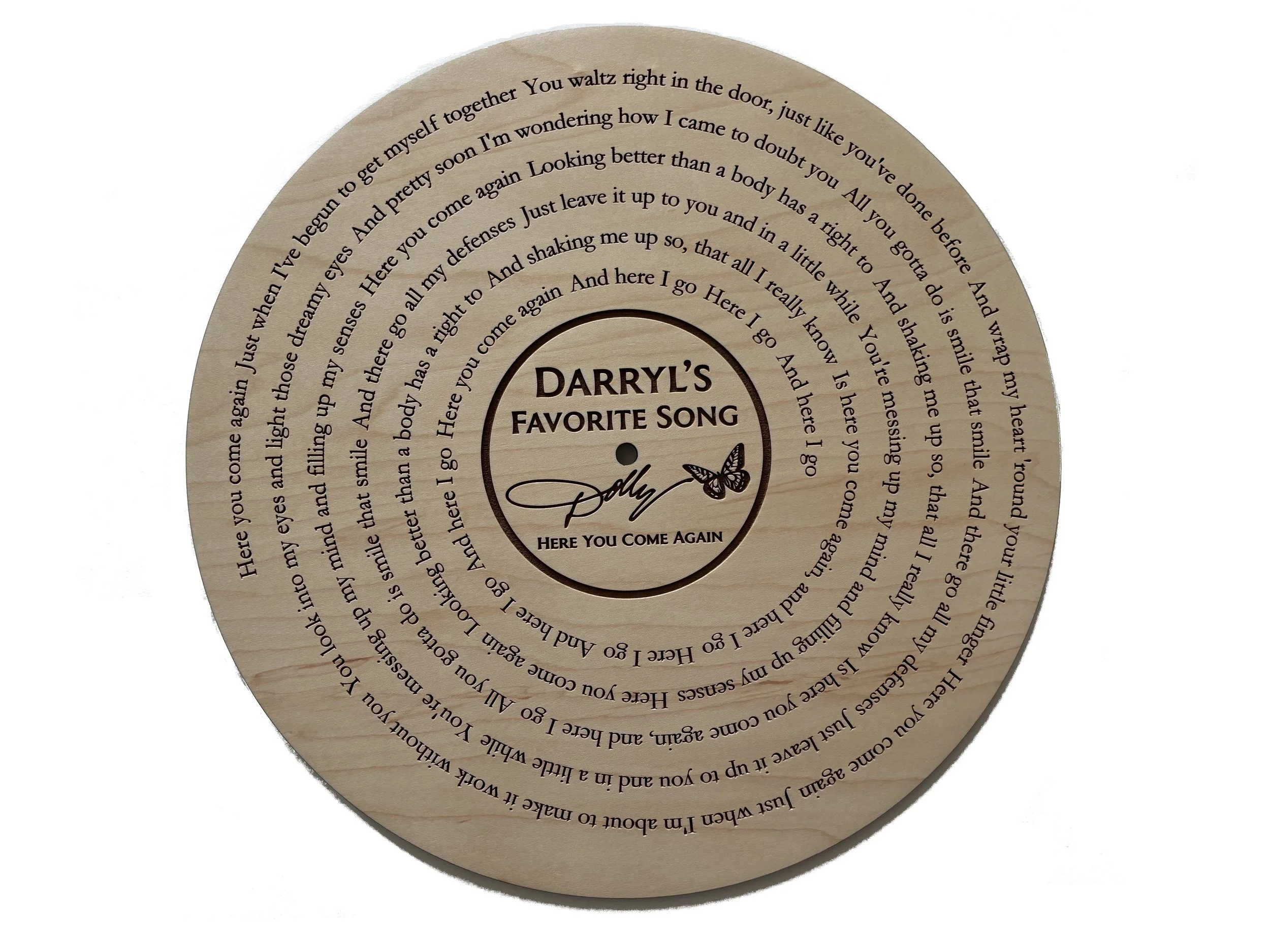 Engraved wooden record plaque with custom couple song lyrics