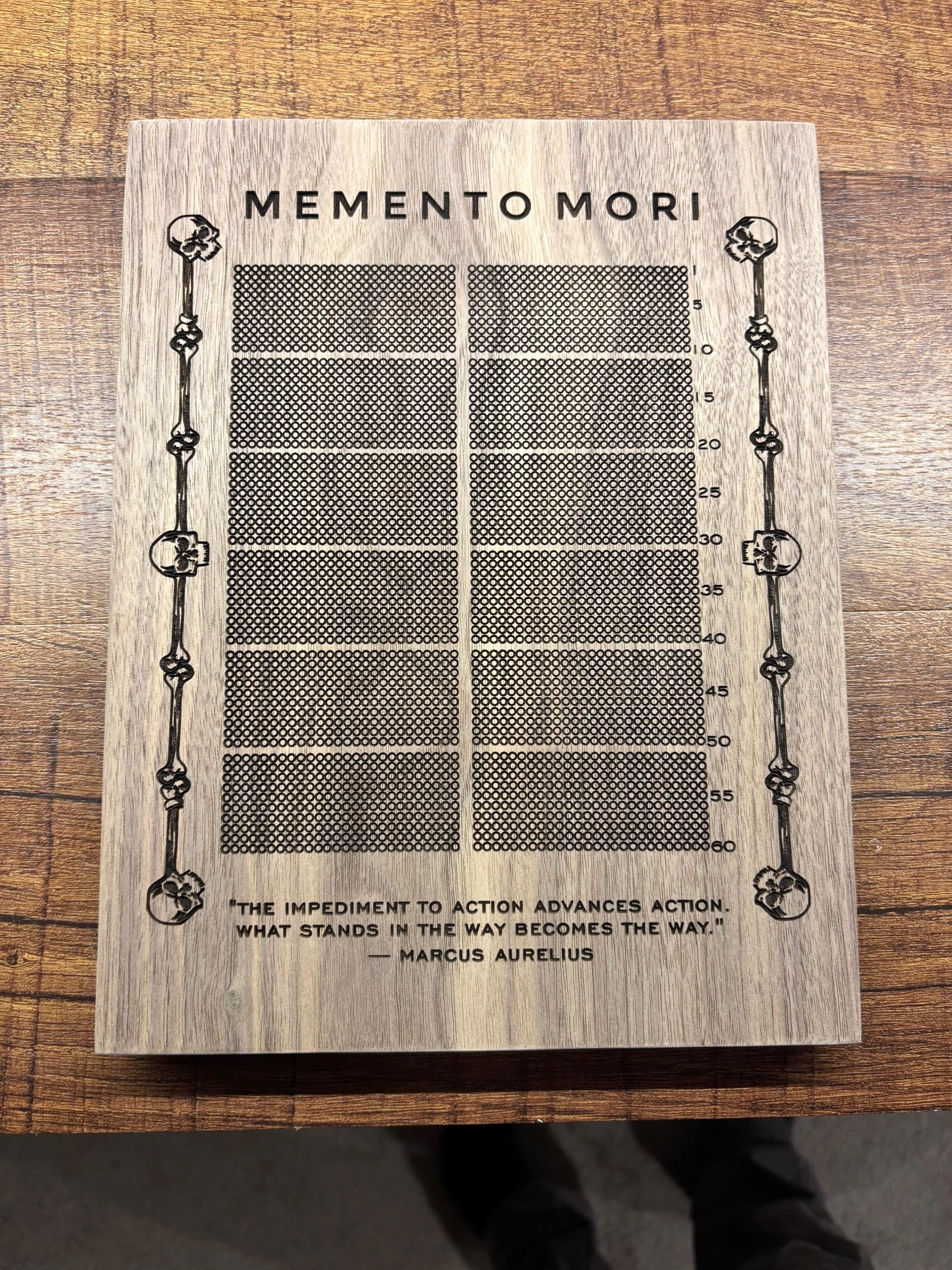 Engraved Memento Mori calendar on wood, unique stoic gift idea to visualize life weeks and encourage intentional living