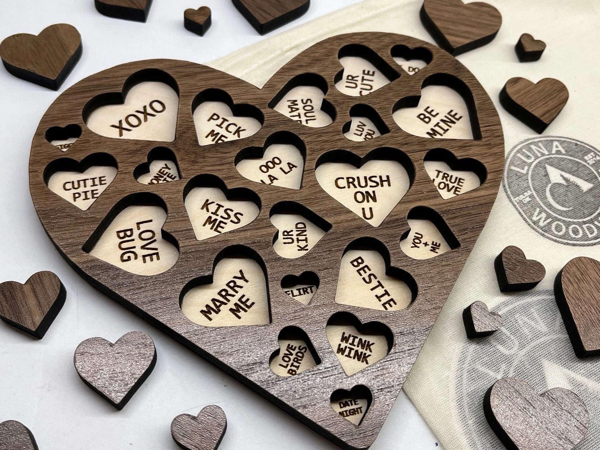 Custom made Valentines Day puzzle with personalized message love note on back. This wood card makes the perfect romantic gift.