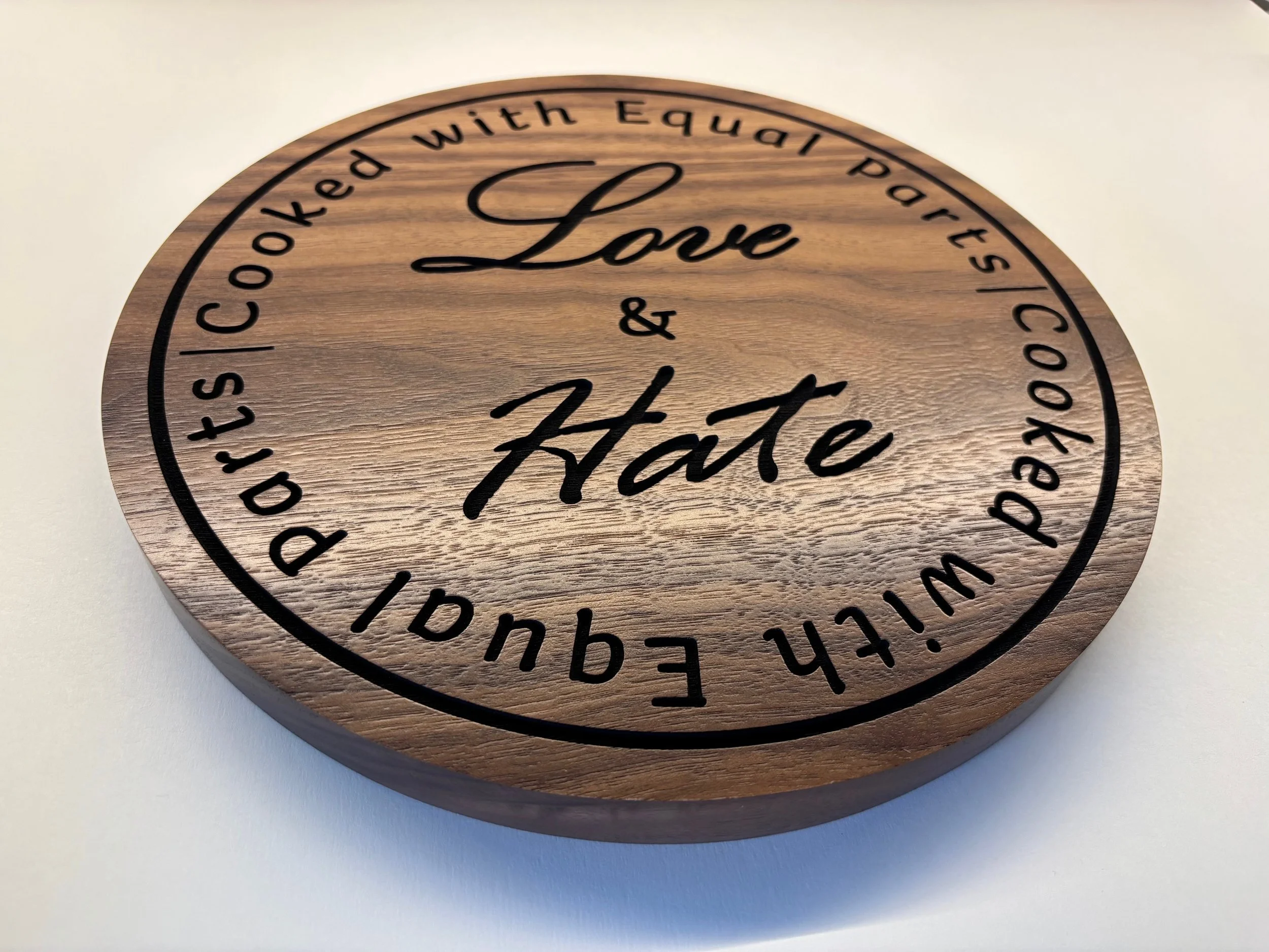 Engraved wood sign with custom business logo or artwork, natural wood branding display for small business owners