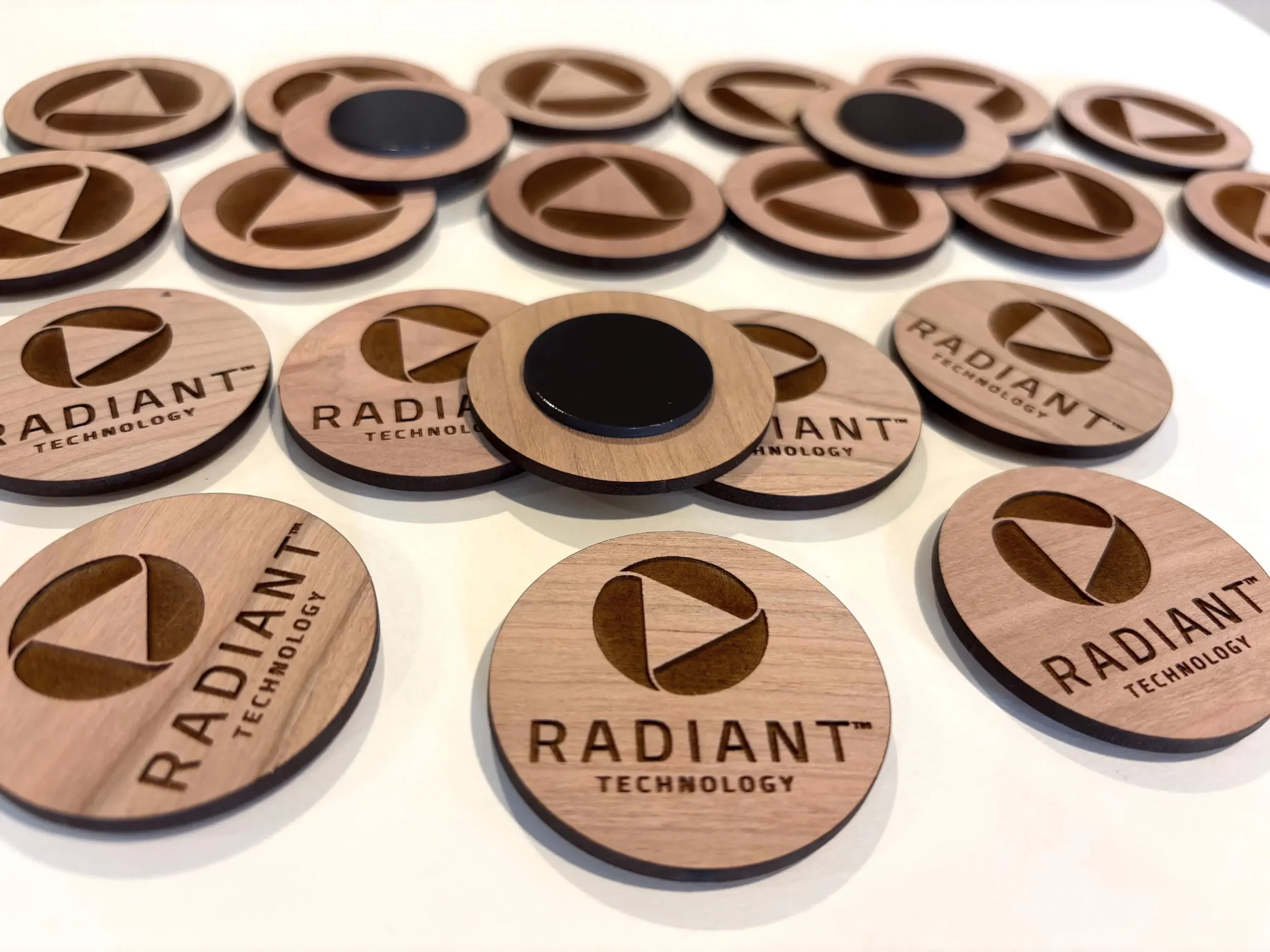 Personalized wooden logo magnets with strong magnetic backs
