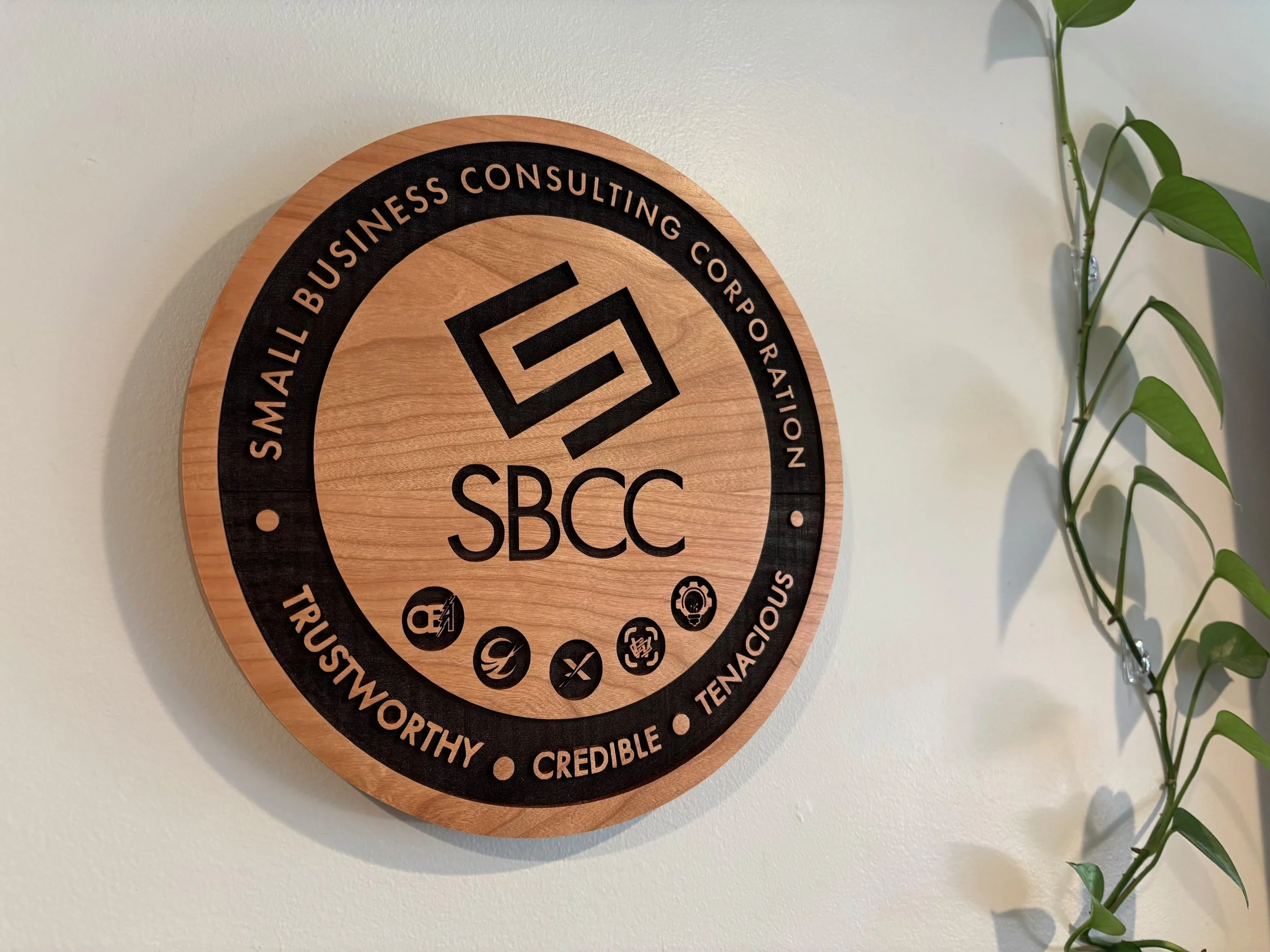 Custom wood business sign with logo engraving, handmade wooden wall art for branding, office decor, or storefront display