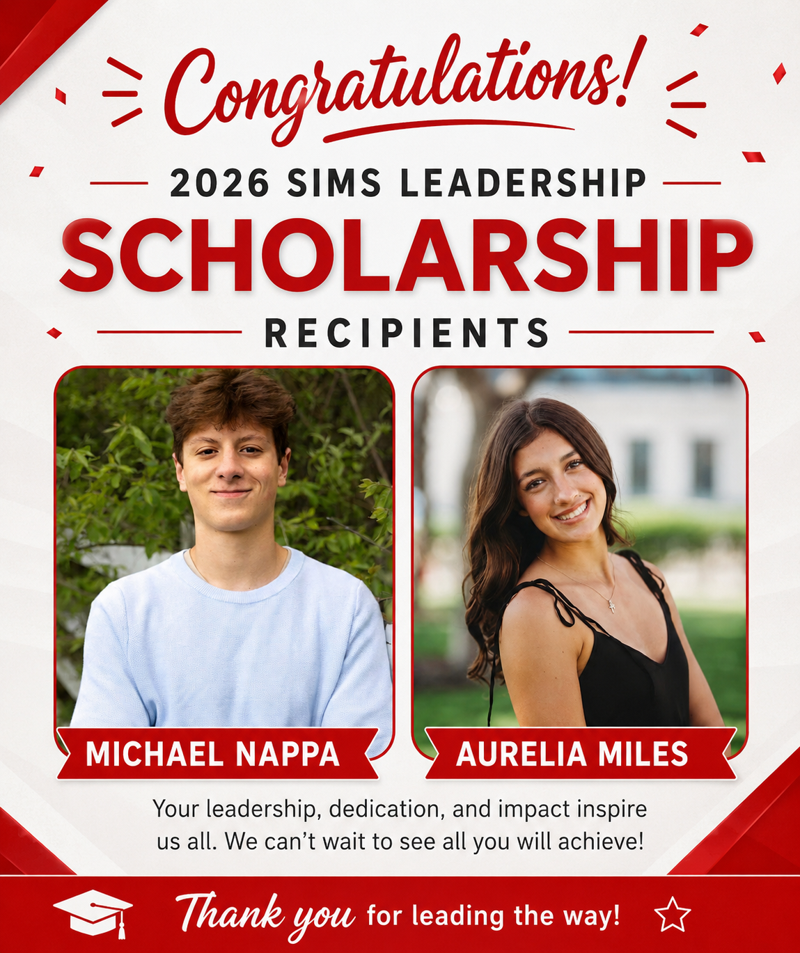 Congratulations for the 2026 Sims Leadership Scholarship Winners.