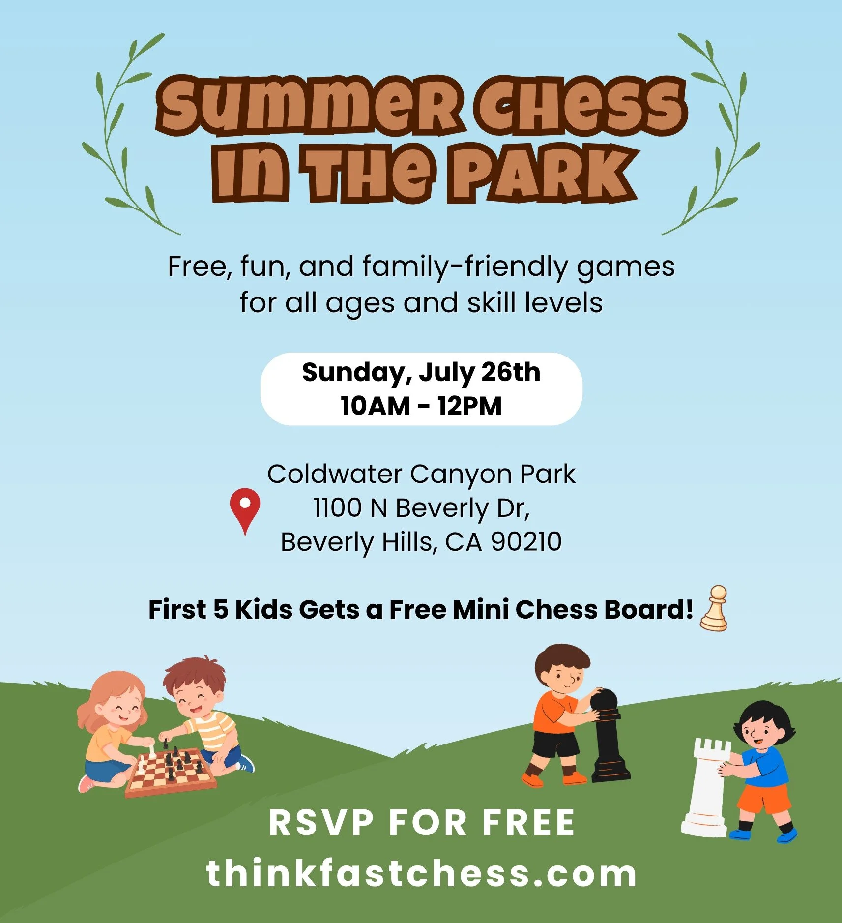 ☀️ Sun&rsquo;s out, boards out! ♟️

Join us for a day of chess in the park! Whether you're trying to build your skills or just looking for a friendly casual game, let's play!

📍 Coldwater Canyon Park
⏰ 10a-12pm
🎟️ 100% Free | All ages welcome

#Che