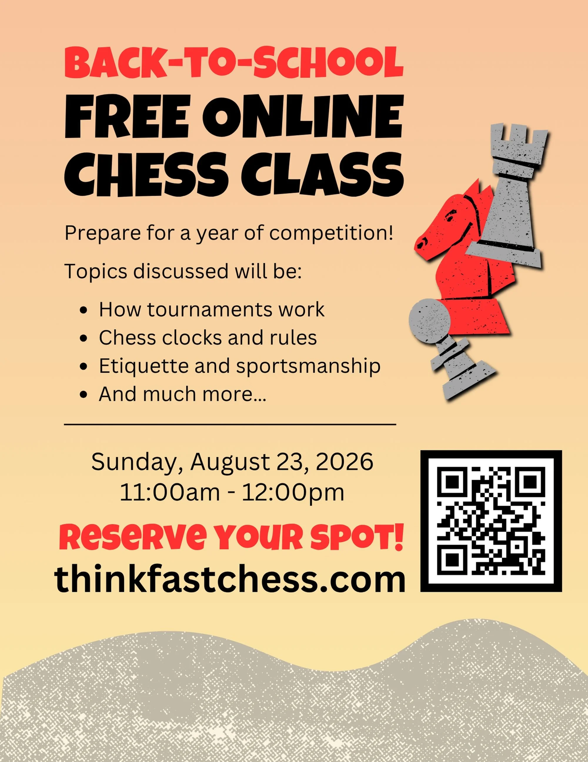 FREE Back-to-School Online Chess Class! ♟️📚 Get ready for tournament season by mastering clocks, rules, and etiquette. 
🗓️ Sunday, Aug 23 
⏰ 11:00 AM - 12:00 PM 
📍 Link in bio to reserve your spot!