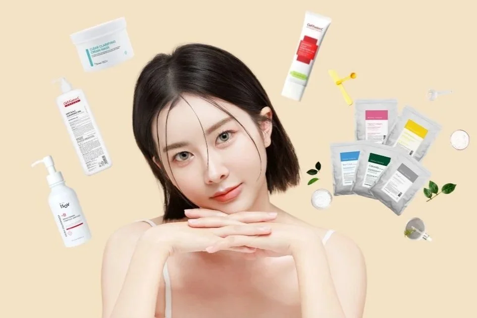 A young woman with short dark hair surrounded by various skincare and cosmetic products, including cleansers, creams, masks, and serums, on a beige background.