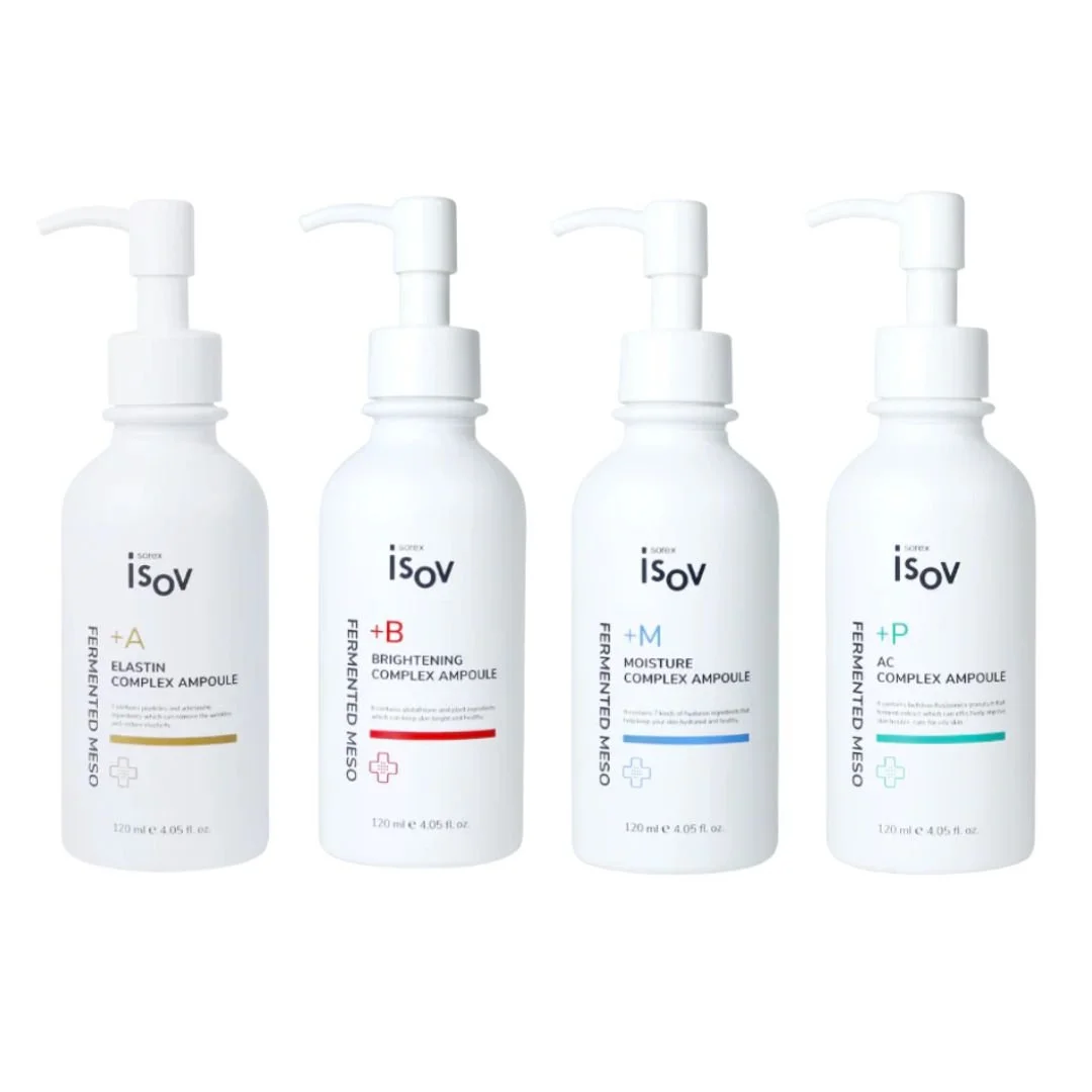 Four white bottles of ISOV skincare serums with pump dispensers, labeled with different formulas for skincare.