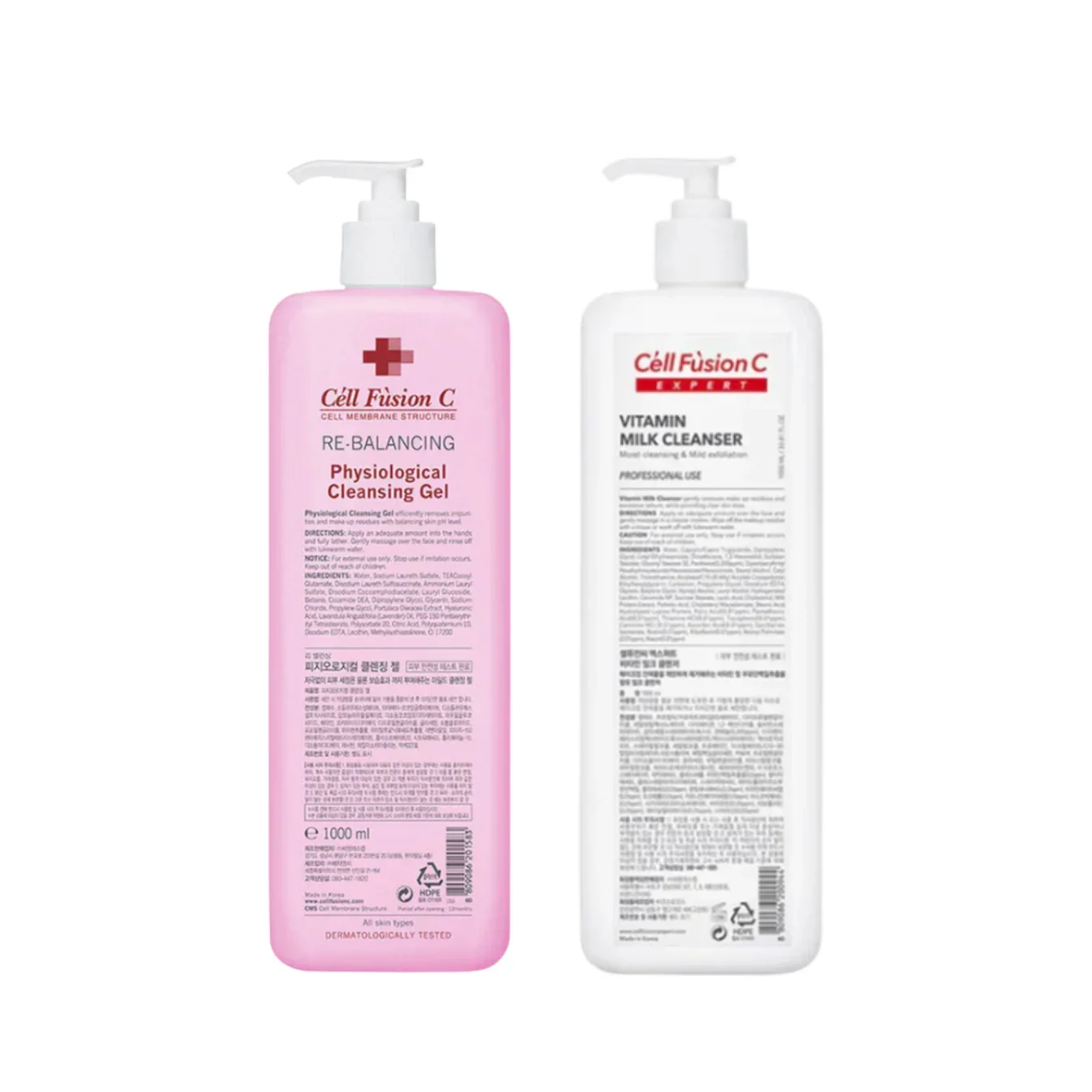 Two bottles of skincare products, one pink labeled 'Physiological Cleansing Gel' and one white labeled 'Vitamin Milk Cleanser,' both with pump dispensers.