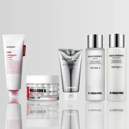 Five skincare products from Medipeel arranged on a reflective surface against a light gray background, including creams, gels, and toners.