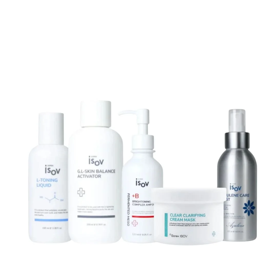 Collection of skincare products, including toning liquid, skin balance activator, brightening ampoule, clarifying cream mask, and a spray bottle, all labeled with the brand ISOV.