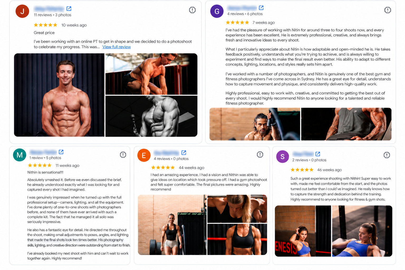 Google reviews from clients about fitness photography at Gym & Glamour Photography in Sydney