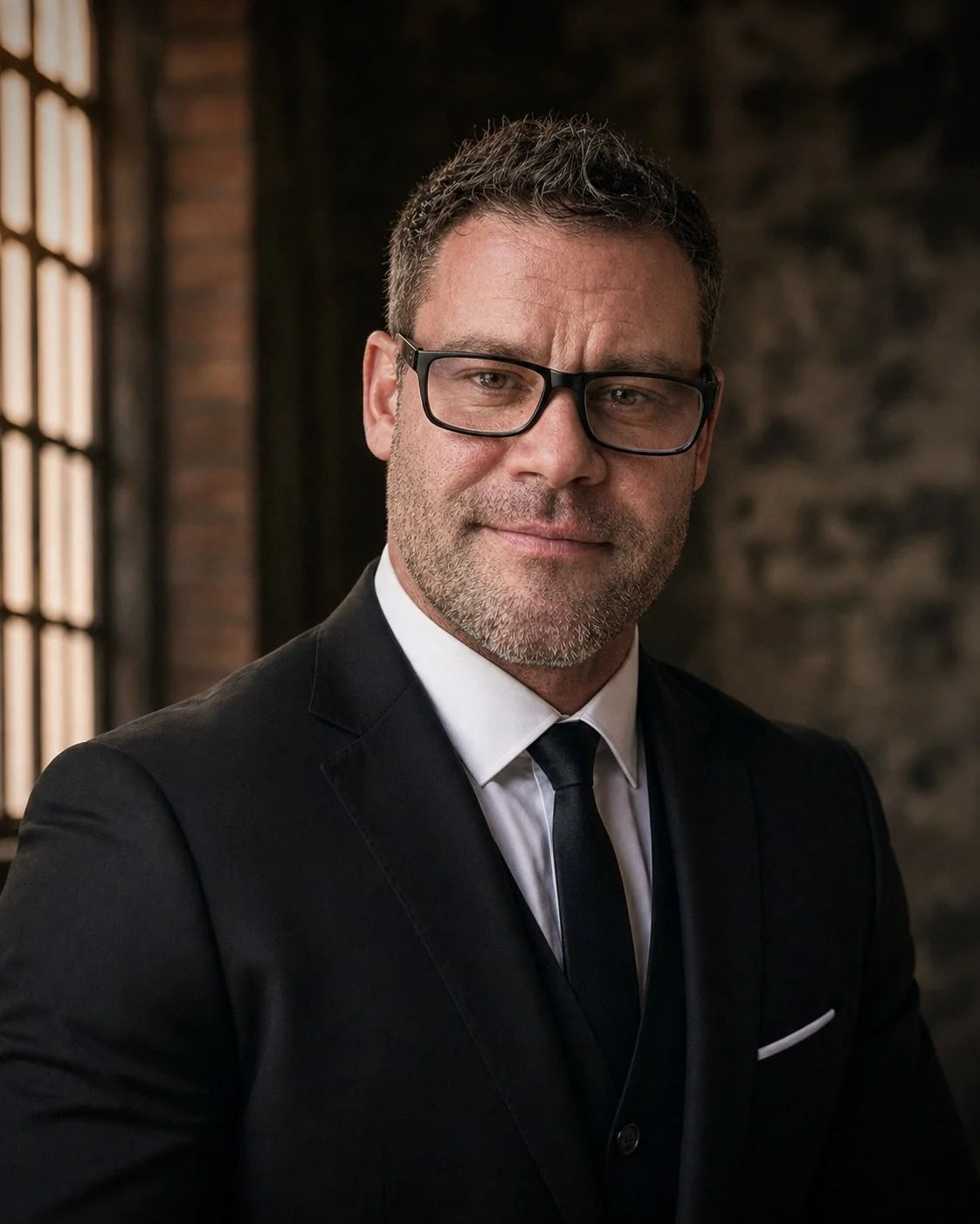 Portrait of Jae Botávn, author of Unlearning Love and substack based in Nashville, Tennessee is wearing glasses, facial stubble and a black suit, black tie and white pressed dress shirt