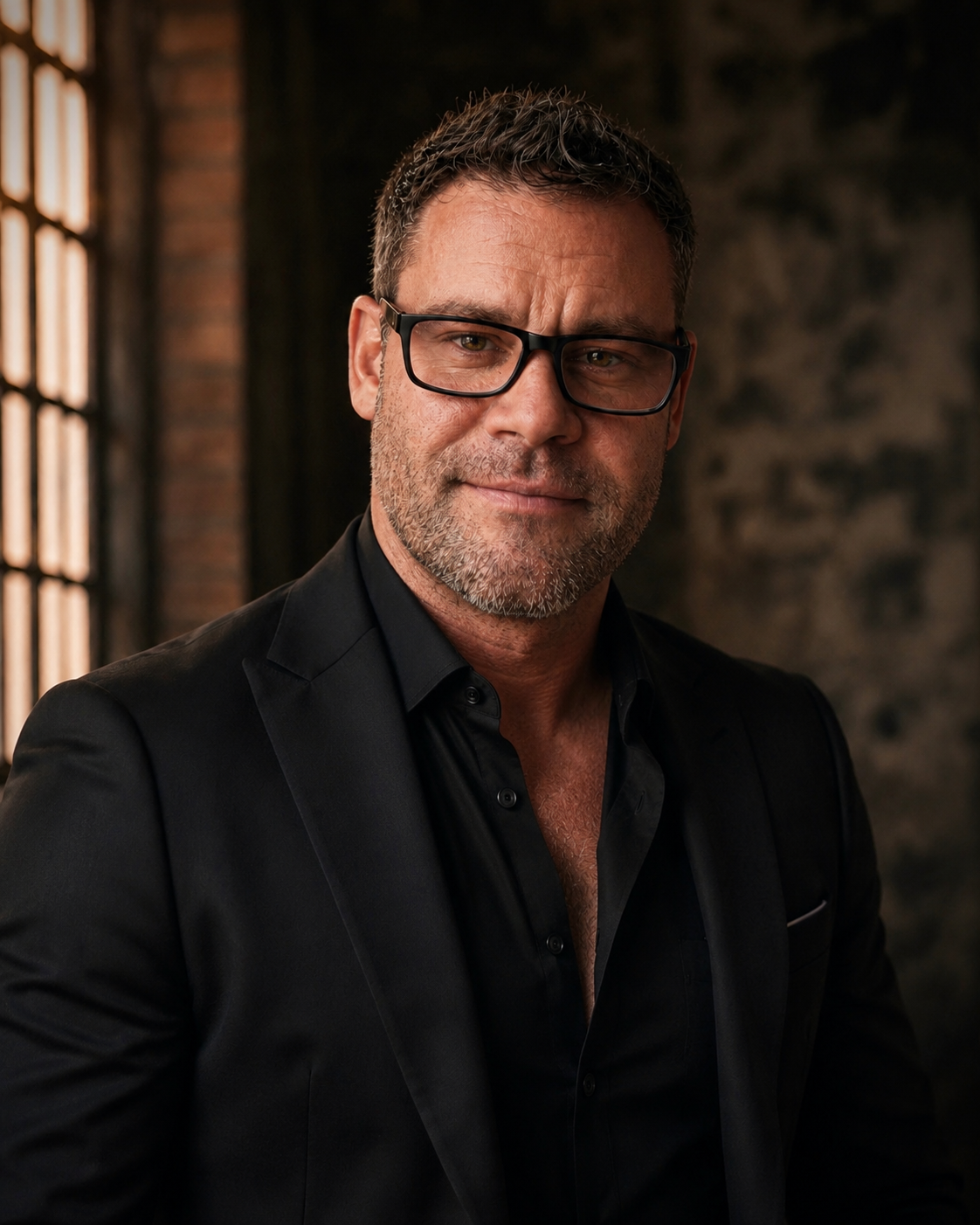 Jae Botávn is a middle-aged man with short, dark hair and black glasses, wearing a black suit jacket and black shirt, standing indoors with an antique brick wall and window in the background.