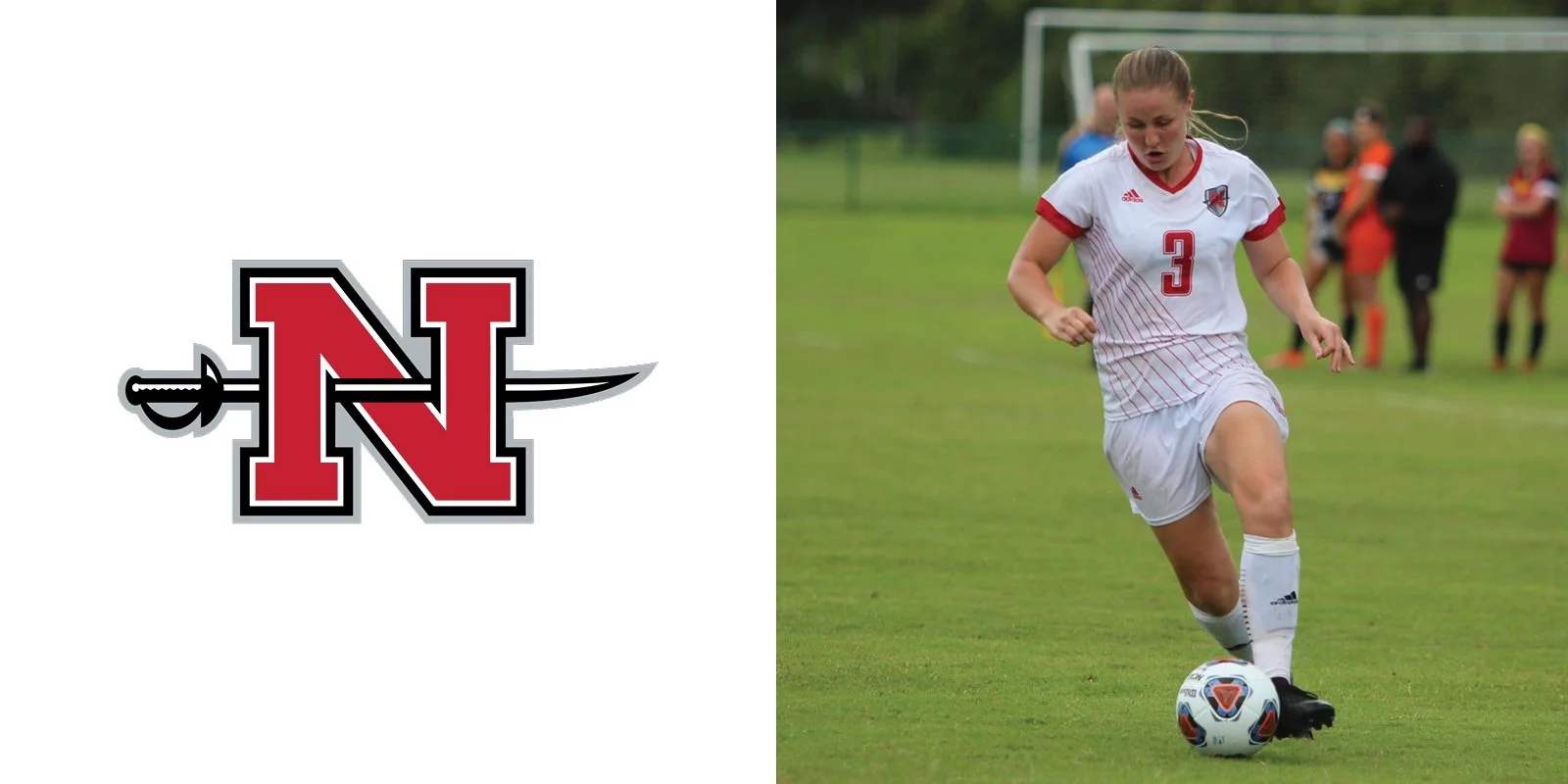 Logo of Nicholls State University with a sword crossing the letter 'N' next to a female soccer player in a white and red uniform kicking a soccer ball on a field.