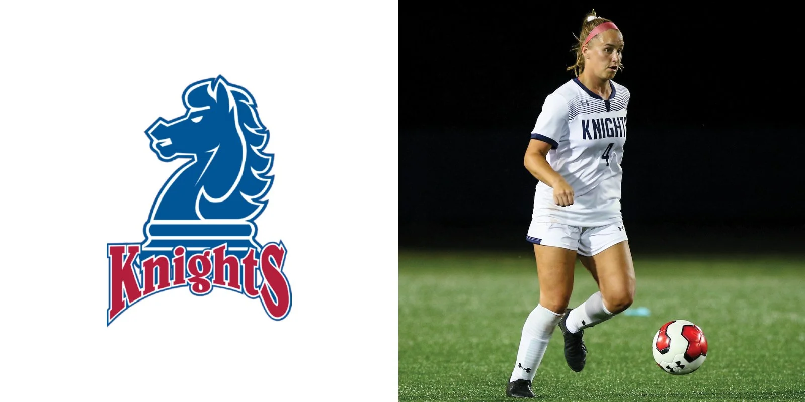 A logo of a blue knight chess piece with the word "Knights" in red and a soccer player in a white "Knights" uniform on a field with a soccer ball.