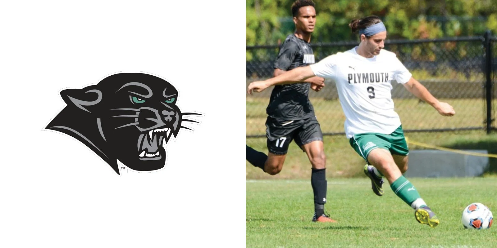 Split image showing a black panther logo on the left and a soccer player in a Plymouth jersey kicking a ball on the right.