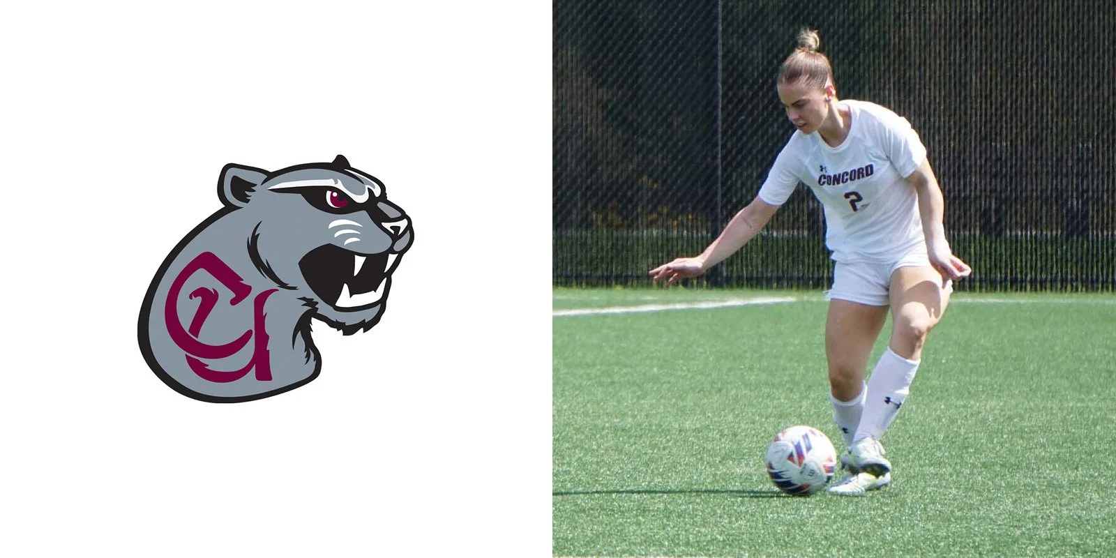 Illustration of a cougar mascot and a female soccer player in a white uniform labeled 'Concord' controlling a soccer ball on a field.