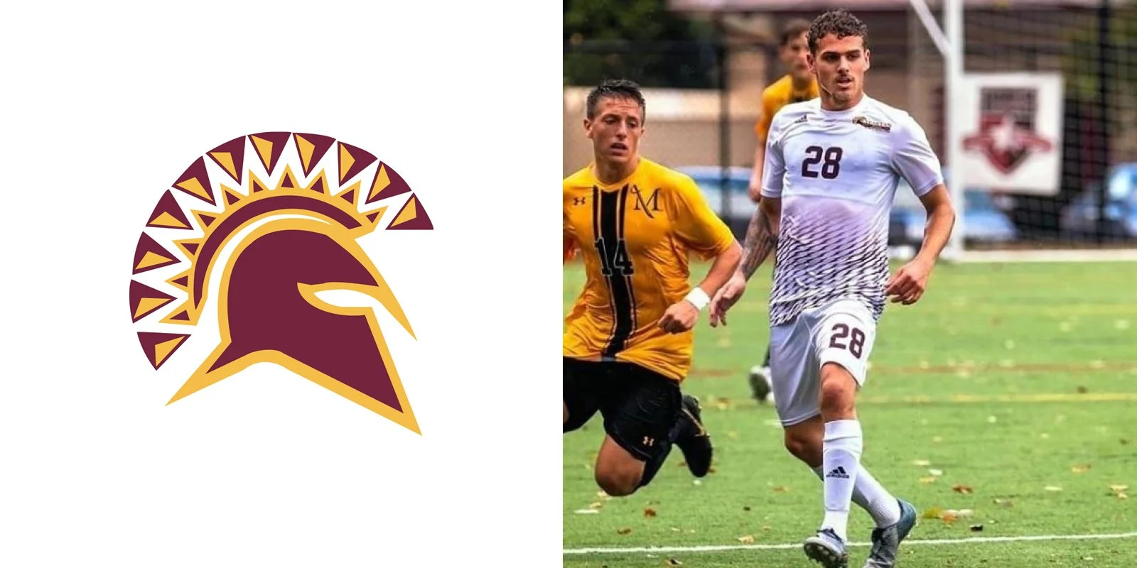 A maroon and gold Spartan helmet logo next to a soccer player in a white jersey with number 28, playing on a field."}