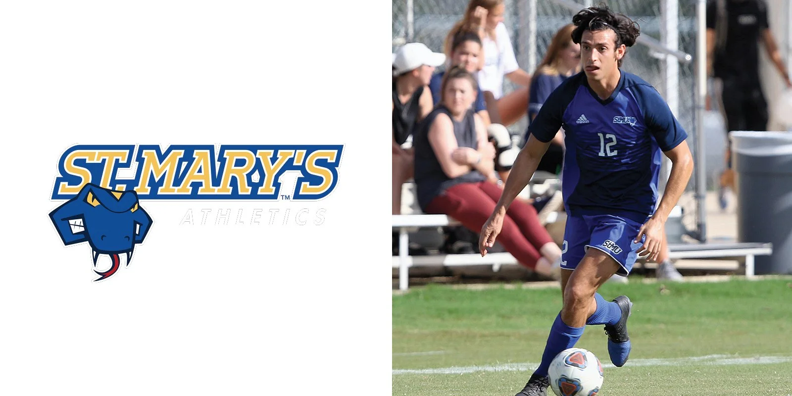 St. Mary's Athletics logo with a blue snake mascot on the left, and a soccer player in a blue uniform with the number 12 on the right, in action on a field with an audience in the background.