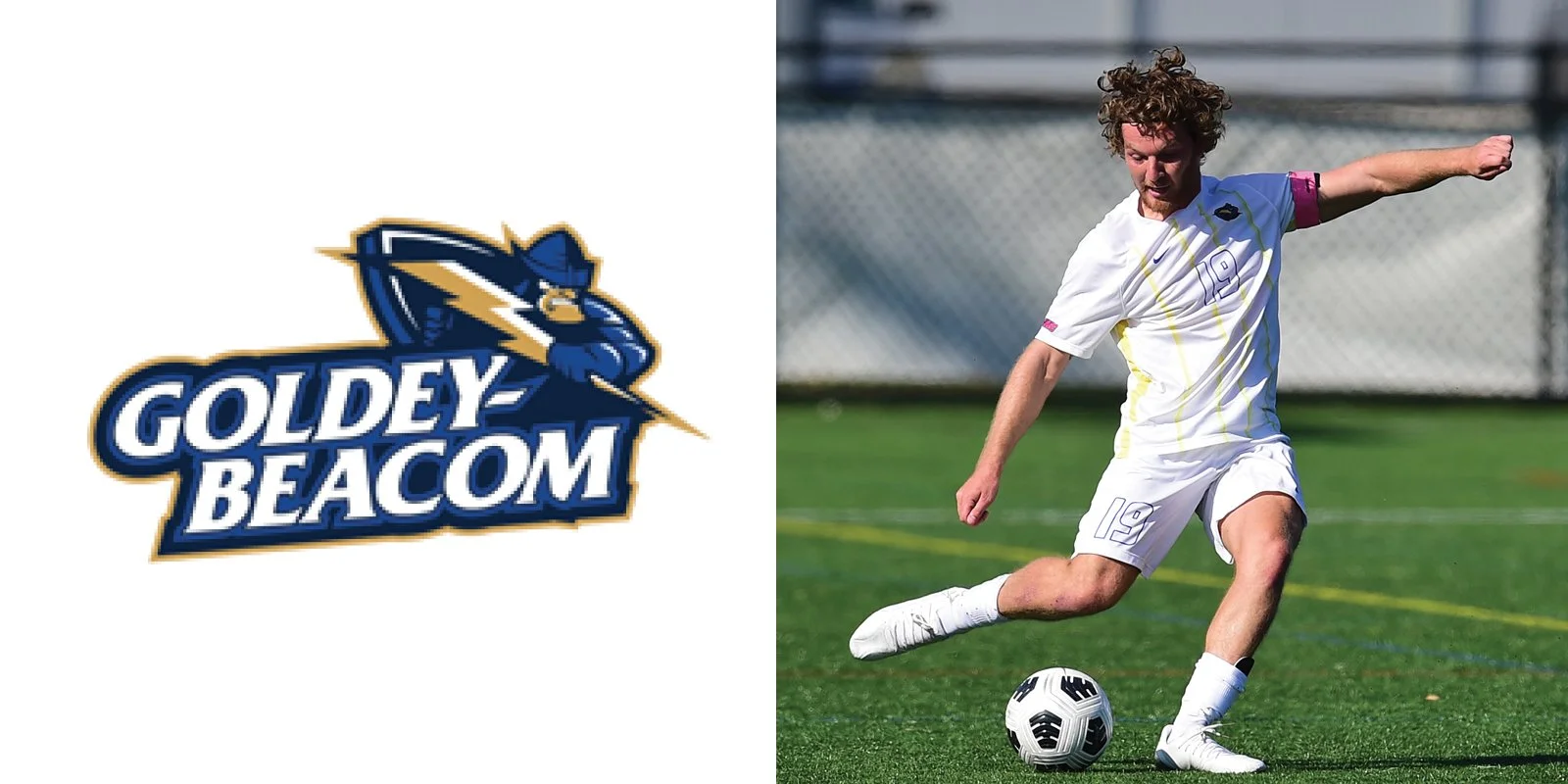 Goldey-Beacom College logo on the left; soccer player kicking a ball on the right.