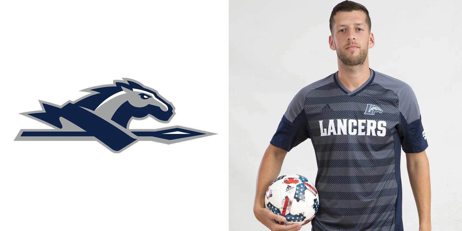 Sports logo of a horse next to a soccer player in a "Lancers" jersey holding a ball.