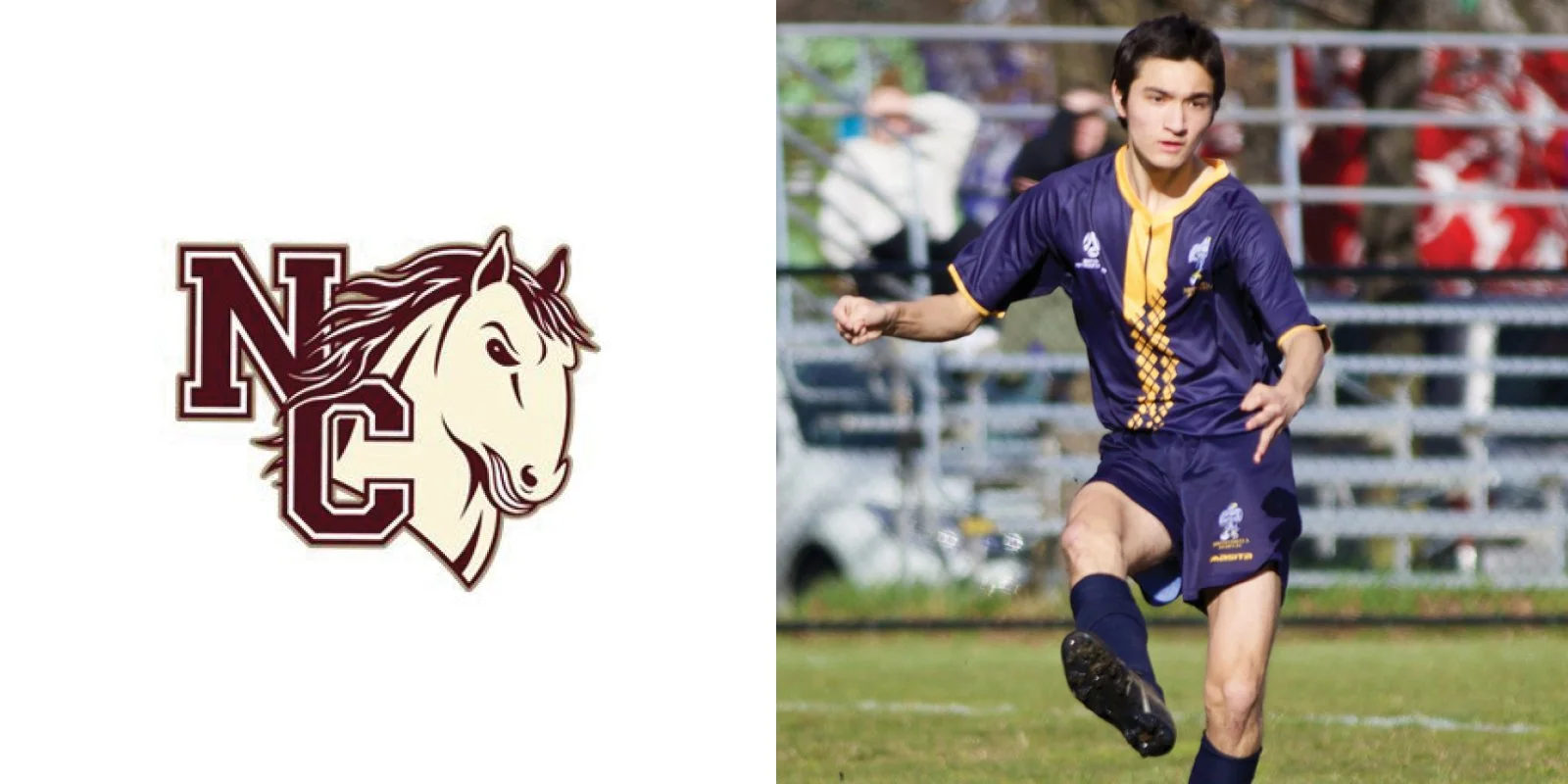 Split image with a logo on the left featuring an NC monogram and horse illustration, and a young male soccer player in a blue and yellow uniform kicking a ball on the right.